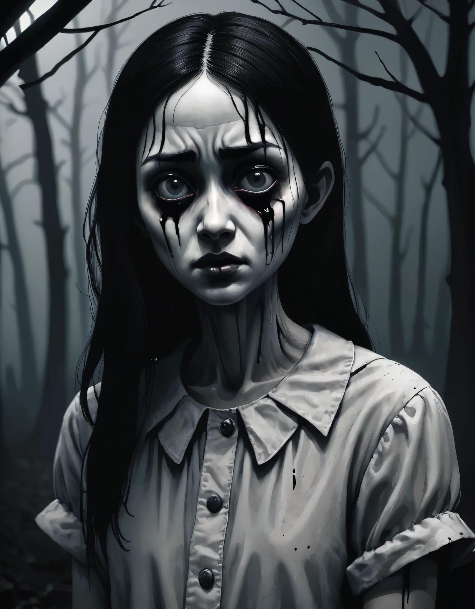 best quality,4k,8k,highres,masterpiece:1.2,ultra-detailed,realistic:1.37,portraits,dark,horror,Junji Ito-style,black and white,creepy,scary,detailed textures,details in shadows,nighttime,subtle lighting,ominous atmosphere,haunting,foreboding,creepy creatures,outdoor setting,haunted environment,eerie mood,unsettling,overcast sky,mysterious figures,macabre elements,long shadows,distorted perspective,spooky ambiance,misty,uncanny,unnerving presence,nightmarish,dreadful,unsettling sensation,unsettling events,unnatural phenomena,surreal,gothic,grainy,inky shadows,foreboding silhouette,peculiar,enticing horror,dread-filled,psychological terror,subtle horror.