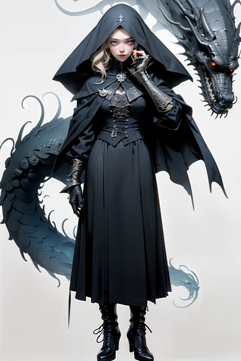 ((best quality)), ((masterpiece)), (detailed), perfect face, hand drawn style, hand painted style, watercolour, sketch, a knight, white background, plain background, Bloodborne inspired, tatty Bloodborne attire, occult aesthetic, occult, tatty red and white clothing detailed and intricate steampunk and detailed gothic lolita (with a hood), diadems, long coat, Complex laced boots, Fluttering lace flared long knee length dress with frilly petticoats, long dress, knee length dress, pleated petticoats, lolita dress, petticoats gothic lolita, beautiful small breasts, (((( Highly detailed face))), small thin nose, Small thin lips mouth, (((Very sharp focused eyes))), Very large slit precision pale grey eyes that shine like jewels. very long eyelashes, Silver hair swaying in the wind, Emitting a dazzling light in a mandala pattern, white background, Very dramatic and cinematic lighting, tatty damaged old red and white clothing, full body, whole body, body, cosmic horror, grim dark