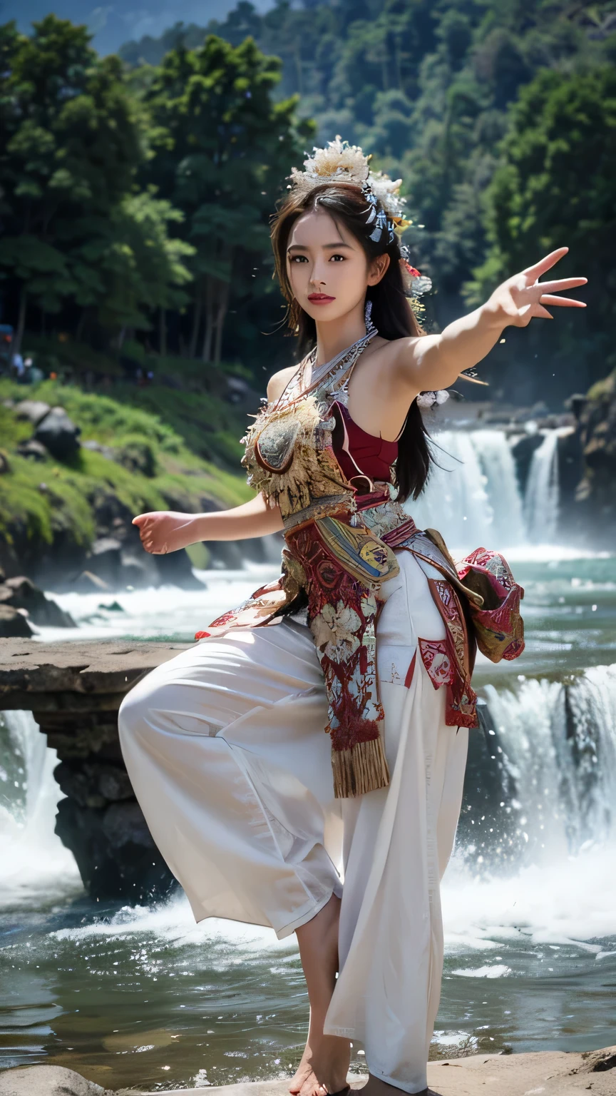 (high quality), (masterpiece), (detailed), 8K, Hyper-realistic, (Incredibly beautiful nature background:1.6), dynamic pose, Balinese young girl, Balinese traditional dancer, wear songket cloth wrapped around the chest, full-body take