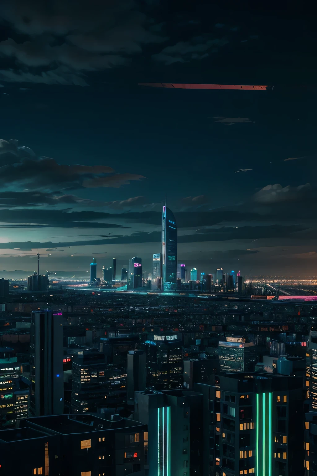 Create a high quality image of a futuristic cyberpuk city with a view of the street at night with neon lights on the buildings