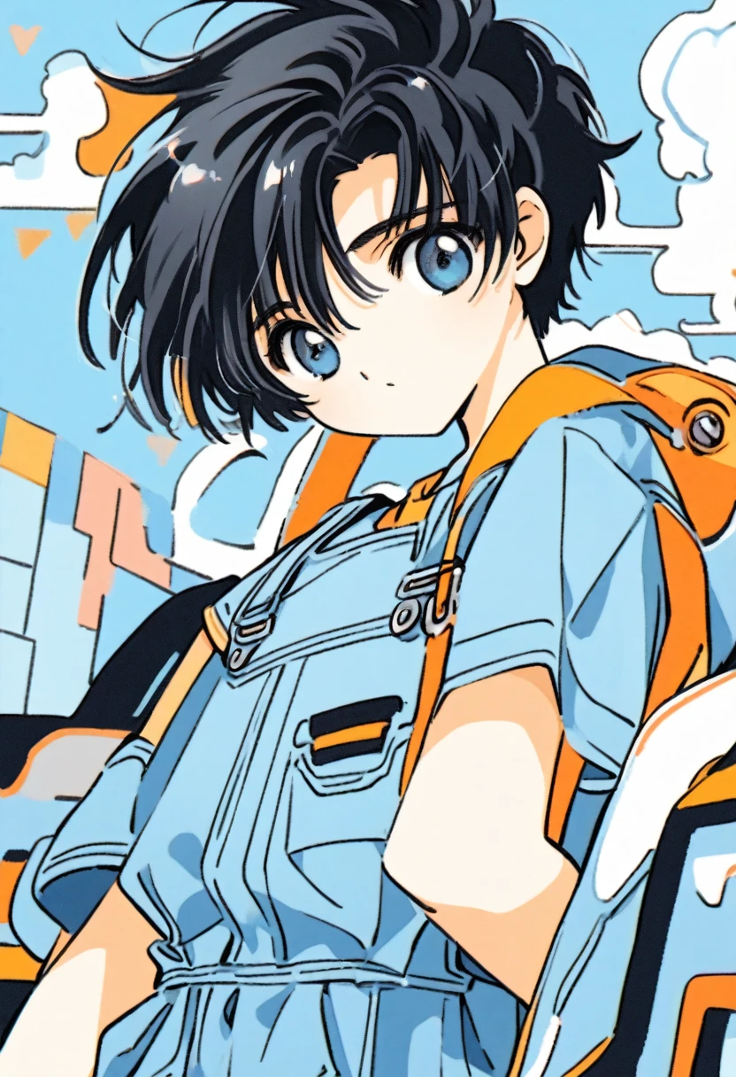 cute 12-years-old french ??? boy, wavy black hair, light blue overalls, CLAMP art style