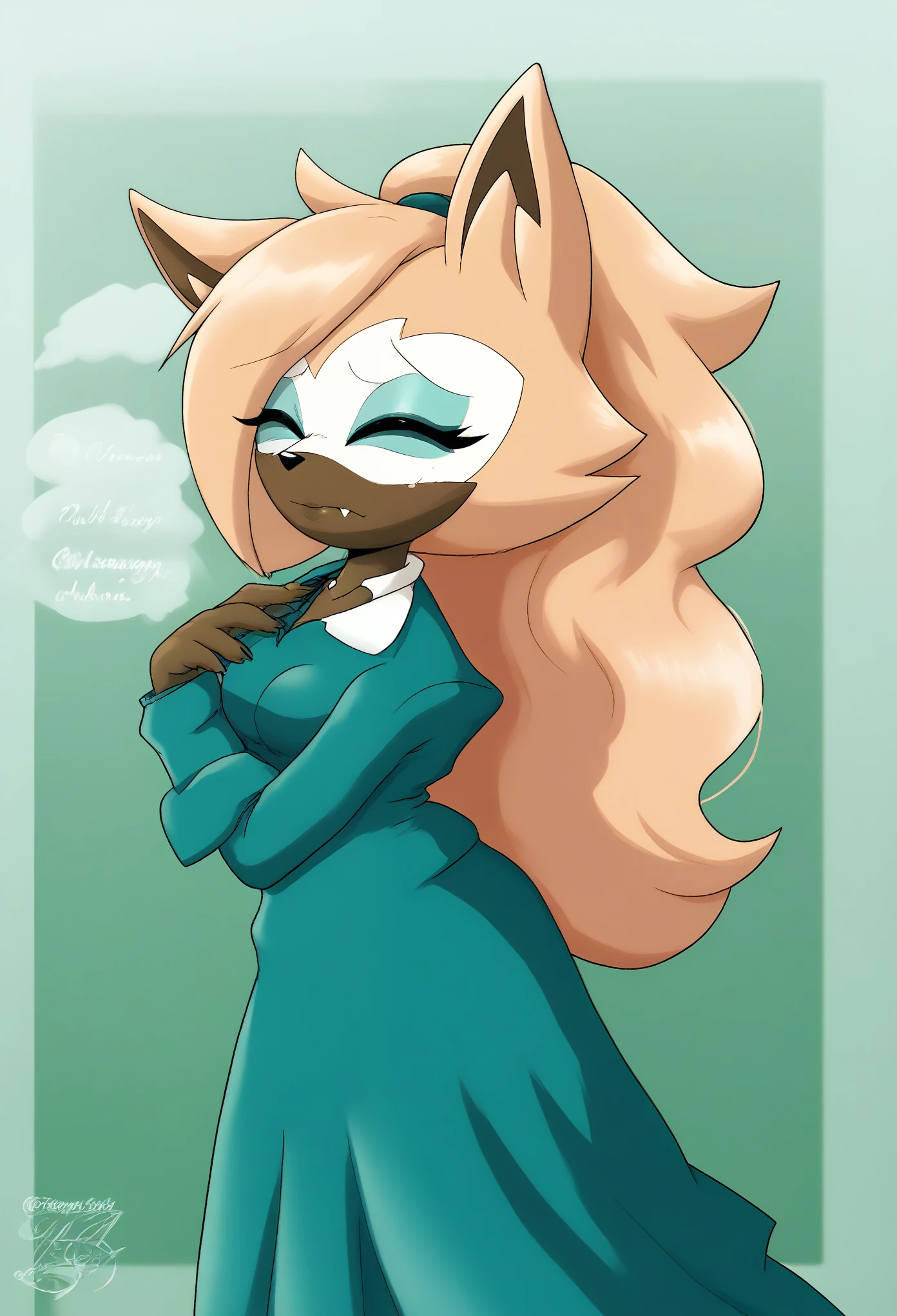 Female wolf, 1girl, solo, Whisper the Wolf, closed eyes, (hair down), long wavy hair, hair down, body, medium breasts, eyelashes, teal makeup, light on the lipstick, nervous, school house, dressed as a teacher, teacher dress, teal dress, long skirt, teacher attire, classroom, daytime, mobian, mobius city