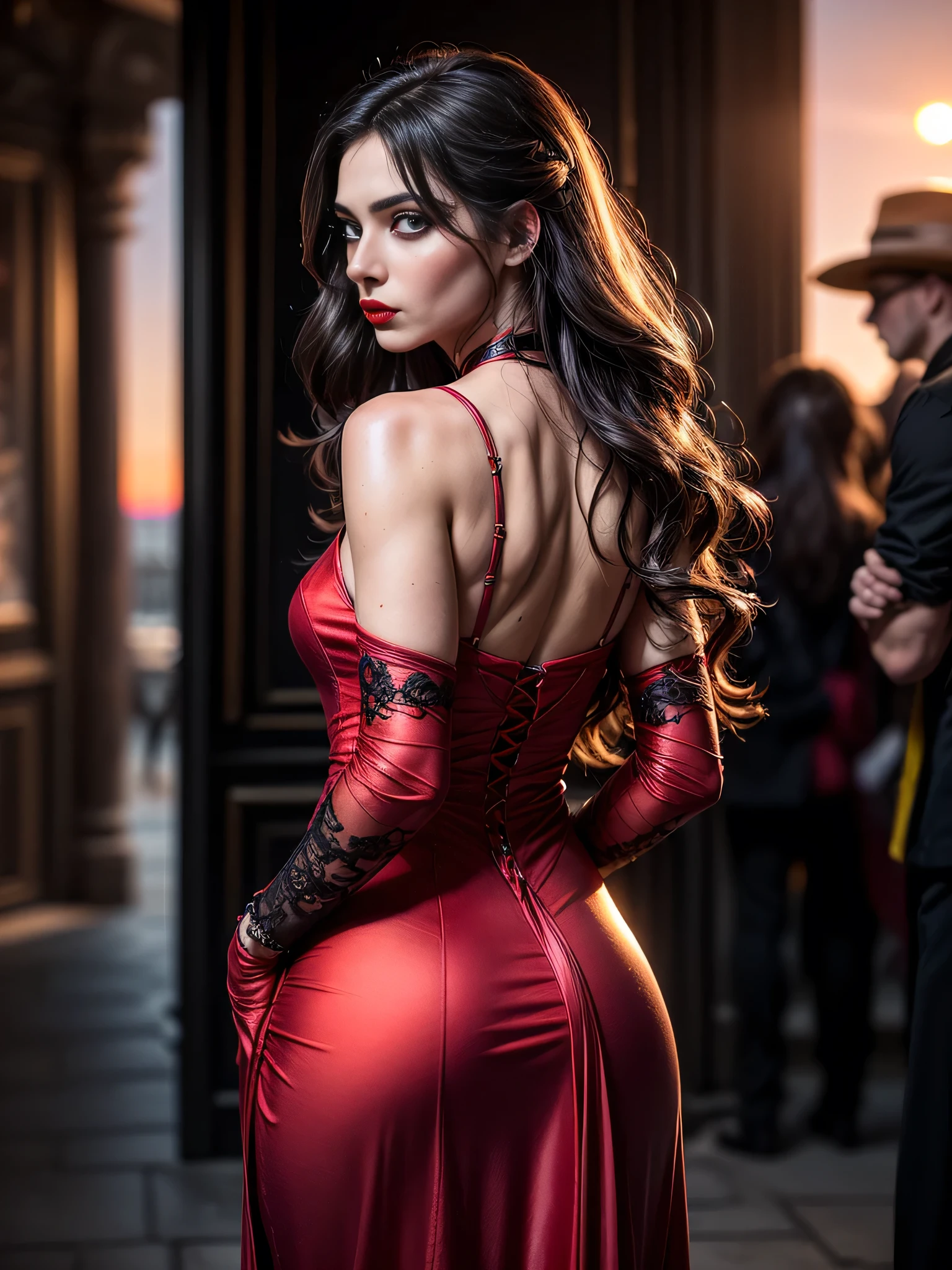 (masterpiece), (extremely intricate:1.3), (realistic), portrait of a muscular girl, ((((detailed woman, ((blackout gothic eye makeup, red lips, strong square cleft chin, arrogant, [flat chest:medium breasts:0.8]), piercing greeneyes, long wavy [blonde hair:dark hair:0.2], scarlet red silver chinoiserie evening gown, rear view, from behind)))), freckles:1.0, professional lighting, photon mapping, radiosity, physically based rendering, ultra resolution, hyper-realistic), metal reflections, upper body, outdoors, intense sunlight, far away castle, professional photograph of a stunning woman detailed, sharp focus, dramatic, award winning, cinematic lighting, volumetrics dtx, (film grain, blurry background, blurry foreground, bokeh, depth of field, sunset, interaction, photorealistic:1.4), 8K