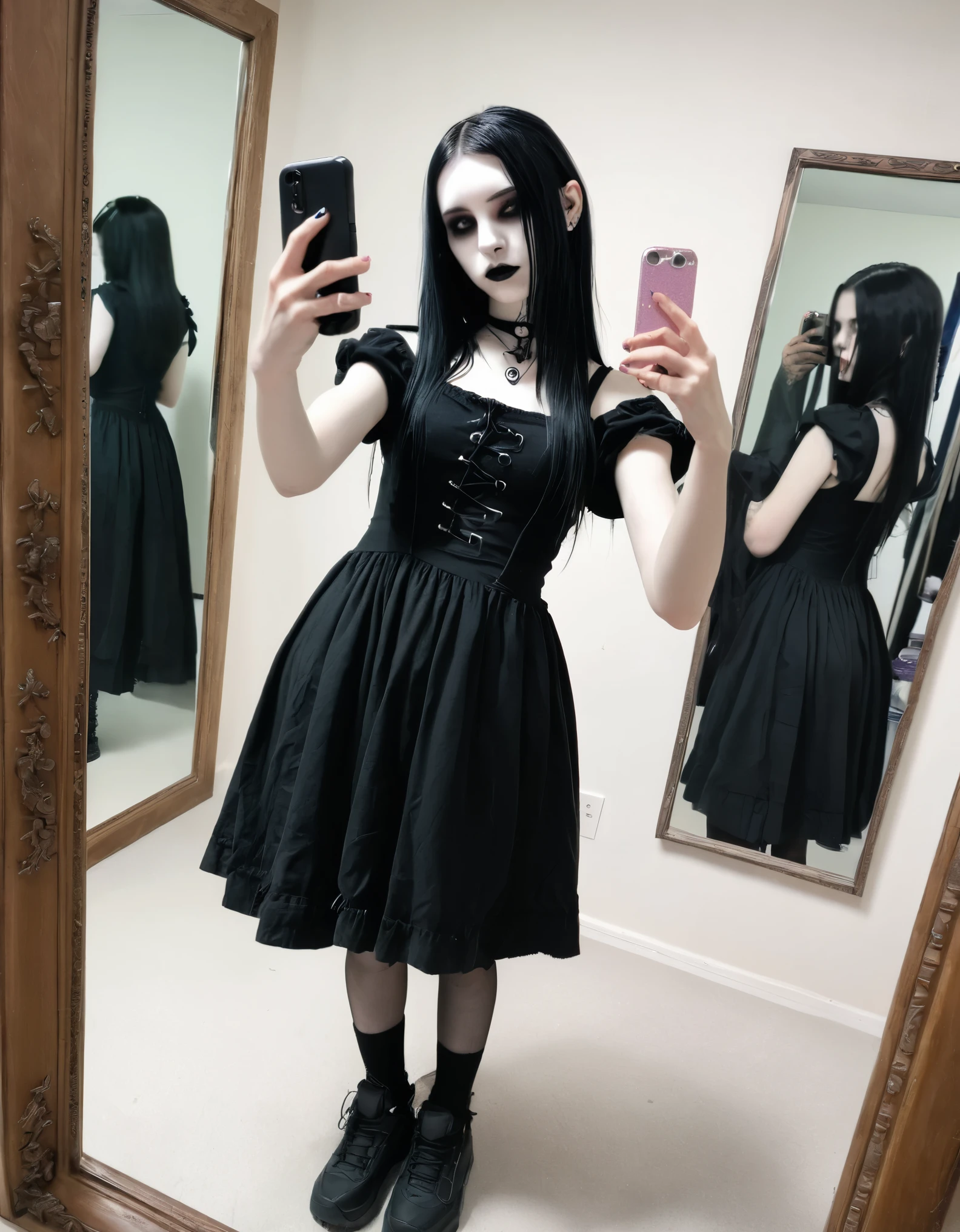 there is a woman taking a selfie in a mirror, outfit photo, witchcore clothes, black outfit, very very low quality picture, wearing in black clothes, wearing black clothes, gothic outfit, wearing japanese techwear, low quality photo, 1 7 - year - old goth girl, full body picture, she is wearing a black dress, wearing a gothic dress