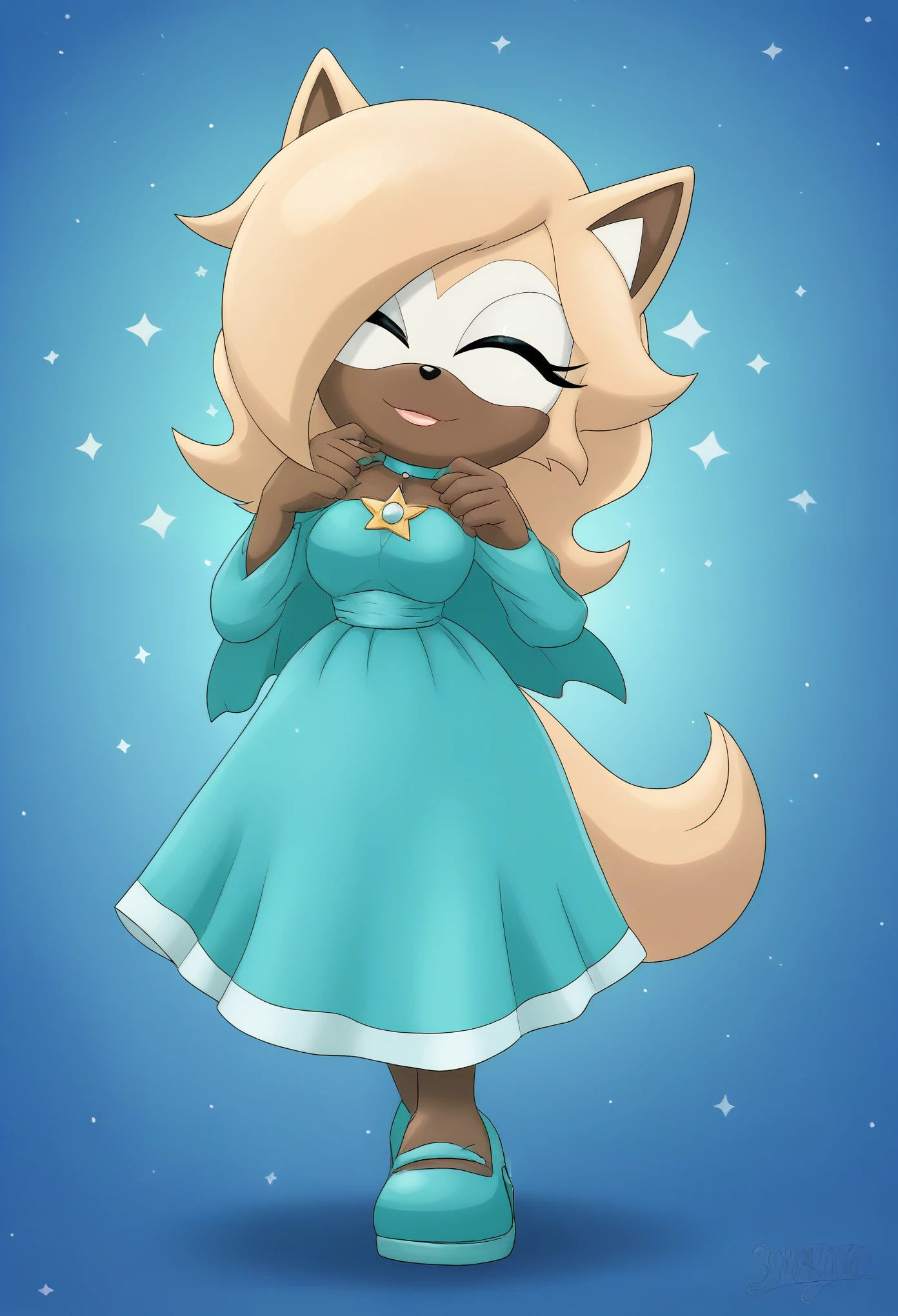 Female wolf, 1girl, solo, Whisper the Wolf, closed eyes, (hair down), long wavy hair, hair down, body, medium breasts, eyelashes, makeup, light on the lipstick, cute smile, outside, dressed as Rosalina, Princess Rosalina dress, cosplay, teal/aqua colored dress, Rosalina attire, field, nighttime, stars, mobian, mobius city
