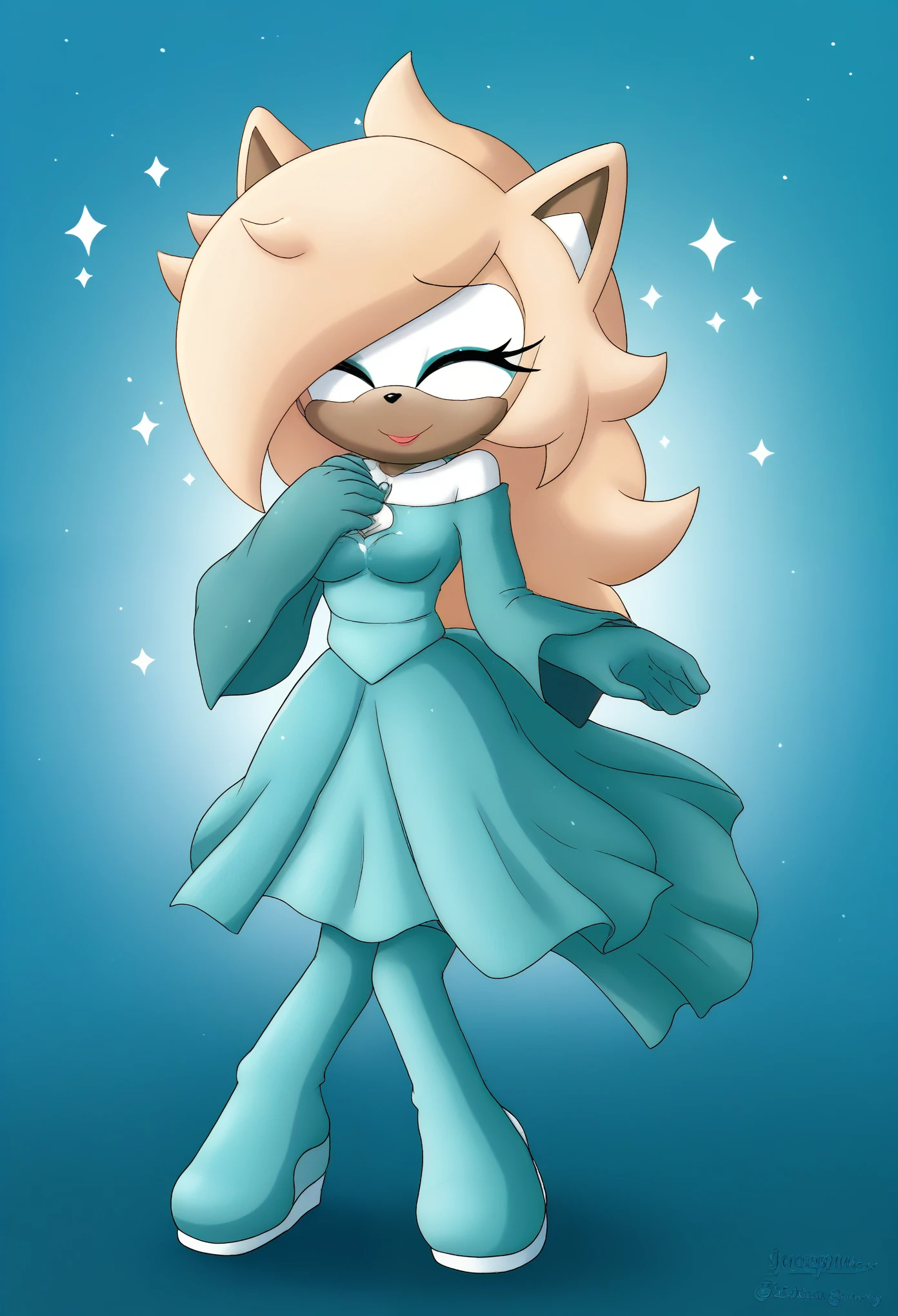 Female wolf, 1girl, solo, Whisper the Wolf, closed eyes, (hair down), long wavy hair, hair down, body, medium breasts, eyelashes, makeup, light on the lipstick, cute smile, outside, dressed as Rosalina, Princess Rosalina dress, cosplay, teal/aqua colored dress, Rosalina attire, field, nighttime, stars, mobian, mobius city
