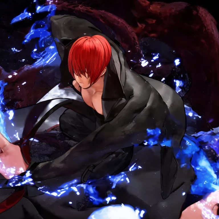 30-year-old male, alone, Athletic ability, Video Game Characters, King of Fighters, Iori Yagami, Wearing a trench coat, Blue Fire, Movie, Ultra-sharp focus, Award-winning photography, Perfect contrast, High Sharpness, Depth of written boundary, Ultra HD Photos, Global Illumination, Smooth, Ultra-high resolution, 8k, Unreal Engine 5, Ultra-sharp focus, Award-winning photography, Art Station Trends,