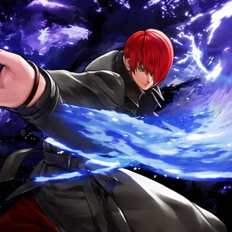 30-year-old male, alone, Athletic ability, Video Game Characters, King of Fighters, Iori Yagami, Wearing a trench coat, Blue Fire, Movie, Ultra-sharp focus, Award-winning photography, Perfect contrast, High Sharpness, Depth of written boundary, Ultra HD Photos, Global Illumination, Smooth, Ultra-high resolution, 8k, Unreal Engine 5, Ultra-sharp focus, Award-winning photography, Art Station Trends,