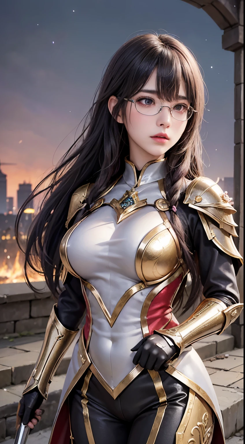 "(highest quality: 1.2), masterpiece, extremely detailed 8k uhd, ((Official Art)), CG, 1 Ultra-Detailed Goddess of War, A temple in the ruins of a ruined empire々Standing Up Together, (Dynamic posture: 1.3), Thick armor reveals the heart of the conflict, (Finer details), Shine, Places with strong light, (armor of historical importance:1.2), Shine Metal Armor, ((((Glasses))))、(Shine magic symbol on armor:1.3), (There was magic all around her.:1.3), Long black hair waving in the wind in every detail, Detailed Weapon Holding, (Sharp Sword, Shine:1.3), Shine eyes filled with determination and vision, ((Silver Armor)), A shield that reproduces the symbol of immovability with ultra-precision., (intense expression:1.1), (After her, A new empire is soaring into the sky: 1.4), (Light is、Highlighting her dominance and rebirth behind the scenes:1.4), (Fiery red flags fluttered:1.1), (The wind carries whispers of new beginnings:1.1), (Wisdom and Regeneration:1.2), (Strong stance:1.2), (Overwhelming Mystical Power:1.2), alone, (Shine sweat:1.1), gem armor, (The contrast between silver and gold:1.3), (The overall red color covers the scenery:1.4)"