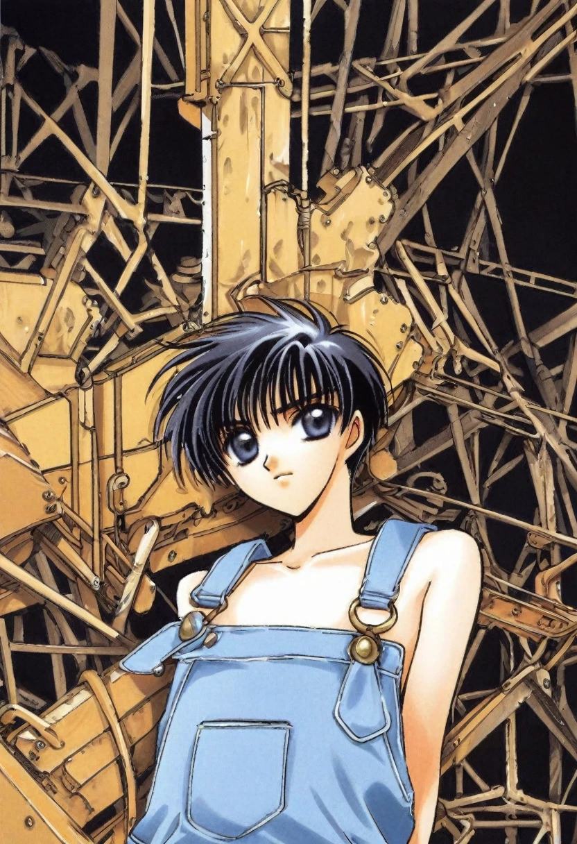 cute 12-years-old french kid boy, wavy black hair, light blue overalls, CLAMP art style
