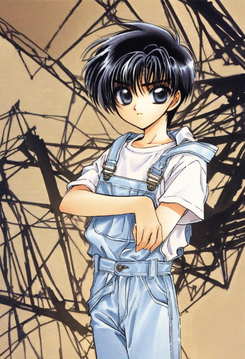cute 12-years-old french ??? boy, wavy black hair, light blue overalls, CLAMP art style