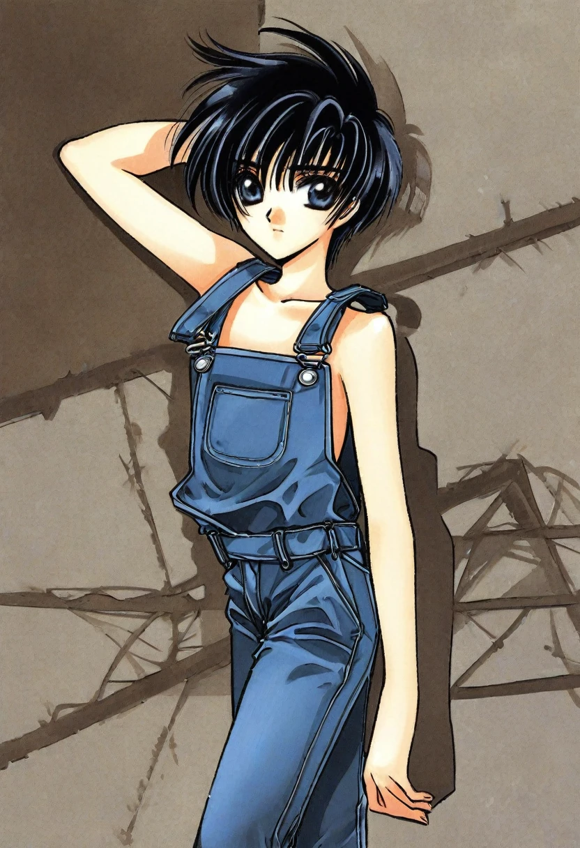 cute 12-years-old french kid boy, wavy black hair, light blue overalls, CLAMP art style