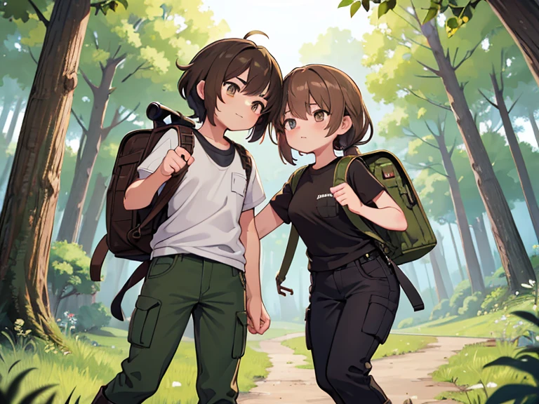 Two characters in a scene boy and girl (absolutely identical twins brother and sister)with the same cute beautiful girlish features, The first character is a handsome, modest, round-faced, brown-eyed boy! with the perfect masculine! Figure, with semi-long brown hair tied in a ponytail, Military style (marsh color T-shirt, military style trousers with patch pockets, massive high infantry boots, backpack), and the second character is strong, very muscular feminist girl with aesthetic small breasts with beautiful erect nipples, with very tousled shaggy semi-long brown hair, hair between the eyes, Brown eyes, beautiful face, an athlete with well-developed proportional muscles, khaki racer jersey(absolutely no bra), military style trousers with patch pockets, massive high infantry boots, backpack; talk to each other, different emotions, free pose, free interaction with each other, against the backdrop of the nature of central Russia 