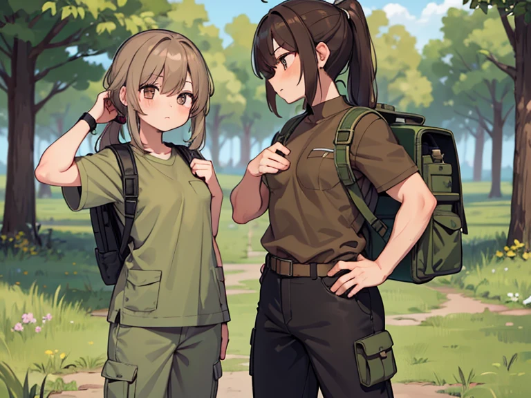 Two characters in a scene boy and girl (absolutely identical twins brother and sister)with the same cute beautiful girlish features, The first character is a handsome, modest, round-faced, brown-eyed boy! with the perfect masculine! Figure, with semi-long brown hair tied in a ponytail, Military style (marsh color T-shirt, military style trousers with patch pockets, massive high infantry boots, backpack), and the second character is strong, very muscular feminist girl with aesthetic small breasts with beautiful erect nipples, with very tousled shaggy semi-long brown hair, hair between the eyes, Brown eyes, beautiful face, an athlete with well-developed proportional muscles, khaki racer jersey(absolutely no bra), military style trousers with patch pockets, massive high infantry boots, backpack; talk to each other, different emotions, free pose, free interaction with each other, against the backdrop of the nature of central Russia 