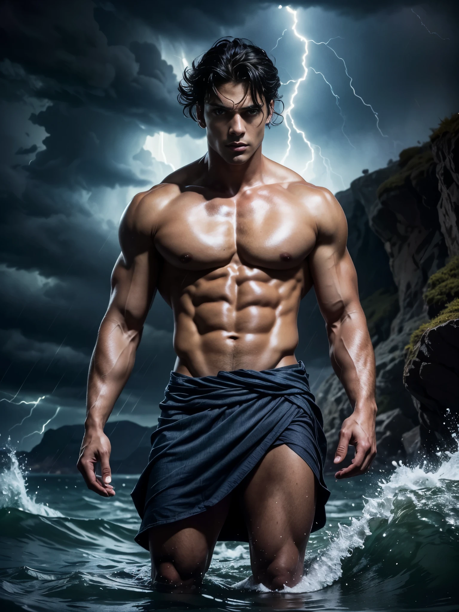 Photorealistic, ((best quality)), ((masterpiece)), (detailed),masculine portrait of young god Poseidon, 18-year-old male models, Poseidon god, god of the seas, Neptune, handsome, tall, cute looking, evil look, dark look, powerful, young male, handsome model, clean shave, blue eyes. (short curly messy brown hair:1.2), messy curly hair, super strong, muscular, fit, massive muscles, six pack, hairless chest, shirtless, pantless, shirtless, barechested, chest exposed, upper-body exposed, muscle, ripped, strong body, fit body, barelegged, barefoot, ancient dark blue linen small skirt, antique roman linen draped cloth skirt, ocean cave, on the water, open ocean, Dark background, storm, (night dark storm:1.6), dark clouds, 8k, high detailed, ultra-detailed, Stylish Pose, real skin texture, (dark cinematic lighting:1.4), night, dark night,