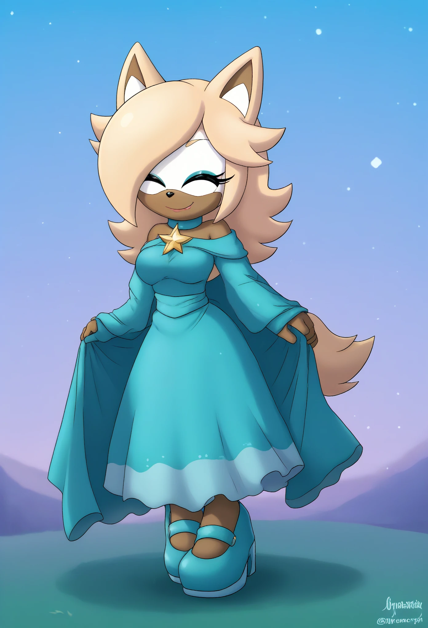 Female wolf, 1girl, solo, Whisper the Wolf, closed eyes, (hair down), long wavy hair, hair down, body, medium breasts, eyelashes, makeup, light on the lipstick, cute smile, outside, dressed as Rosalina, Princess Rosalina dress, cosplay, teal/aqua colored dress, Rosalina attire, field, nighttime, stars, mobian, mobius city
