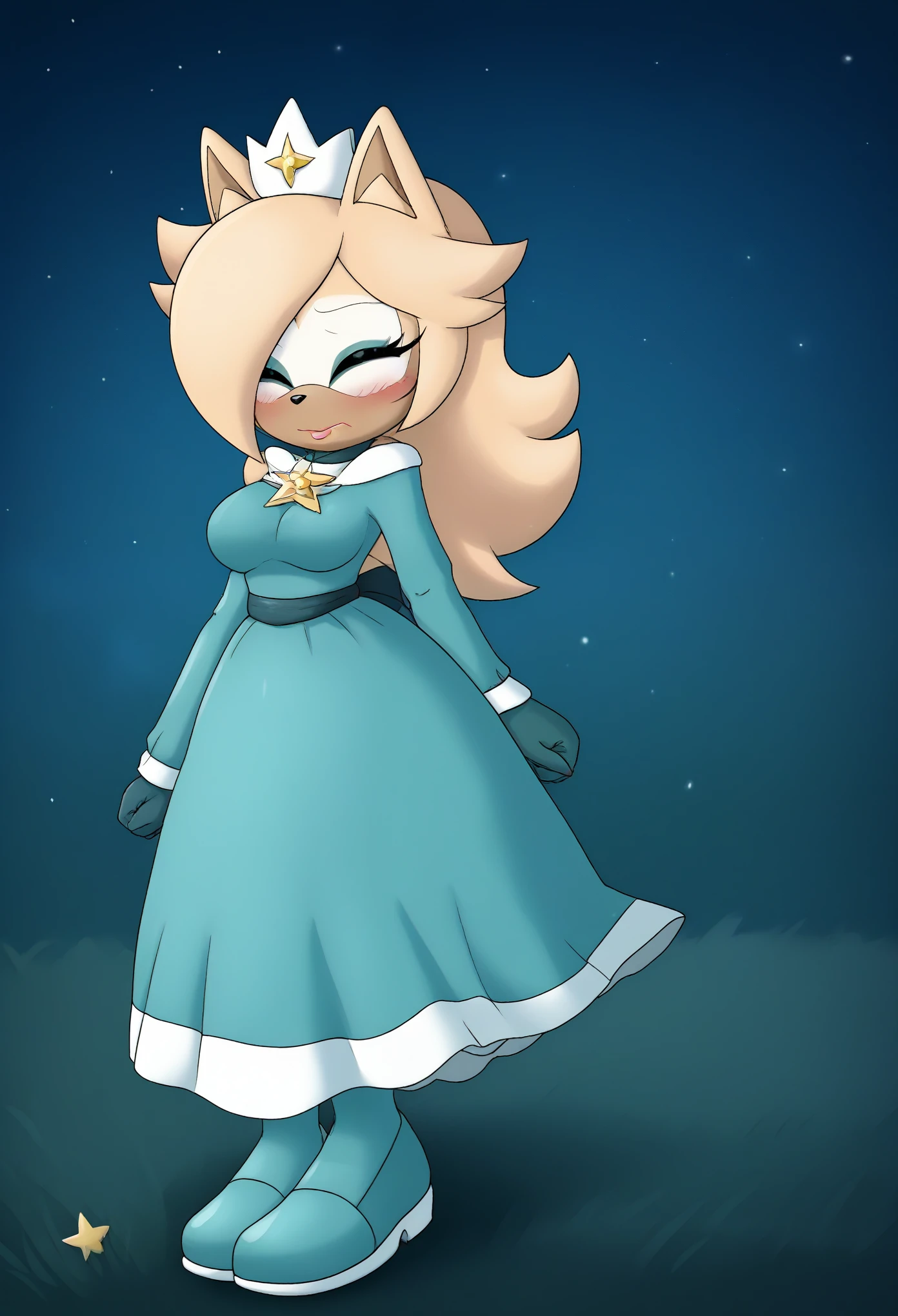 Female wolf, 1girl, solo, Whisper the Wolf, closed eyes, (hair down), long wavy hair, hair down, body, medium breasts, eyelashes, makeup, light on the lipstick, embarrassed, outside, dressed as Rosalina, Princess Rosalina dress, cosplay, teal/aqua colored dress, Rosalina attire, field/forest, nighttime, stars in the night sky, mobian
