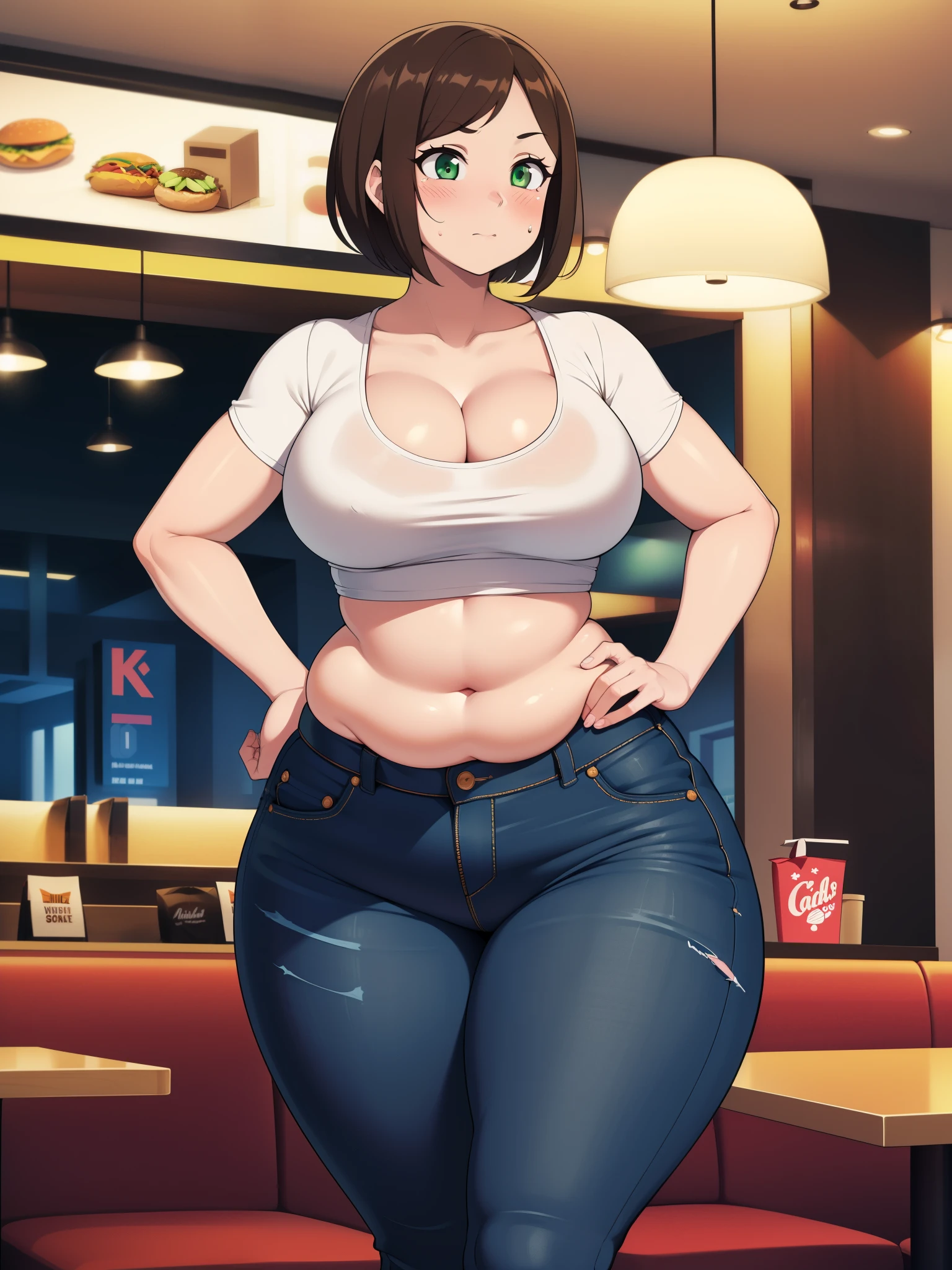 ((highres)), Masterpiece, high quality, best quality, beautiful, perfect lighting, detailed face, ultra cute face, ((1girl)), ((solo)), (blush), short brown hair, green eyes, jeans, white crop top, fast food restaurant, cleavage, medium breasts, ((wide hips)), (thick thighs), (chubby), hand on hip, holding drink