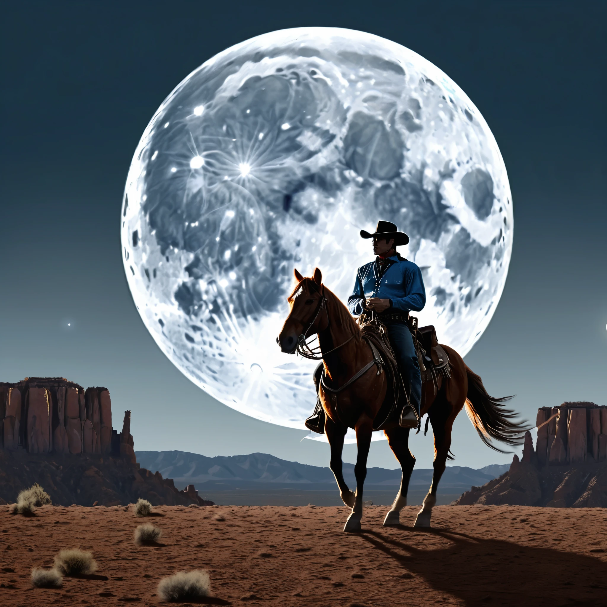 there is a man riding a horse in front of a full moon, riding a horse on the moon, cowboy, cowboy on the range, photo from behind of a cowboy, in the old west, the cowboy in the weird west, old west, lone ranger, cowboy dream, inspired western comic,  rider, by Cindy Wright, space western, moonwalker photo