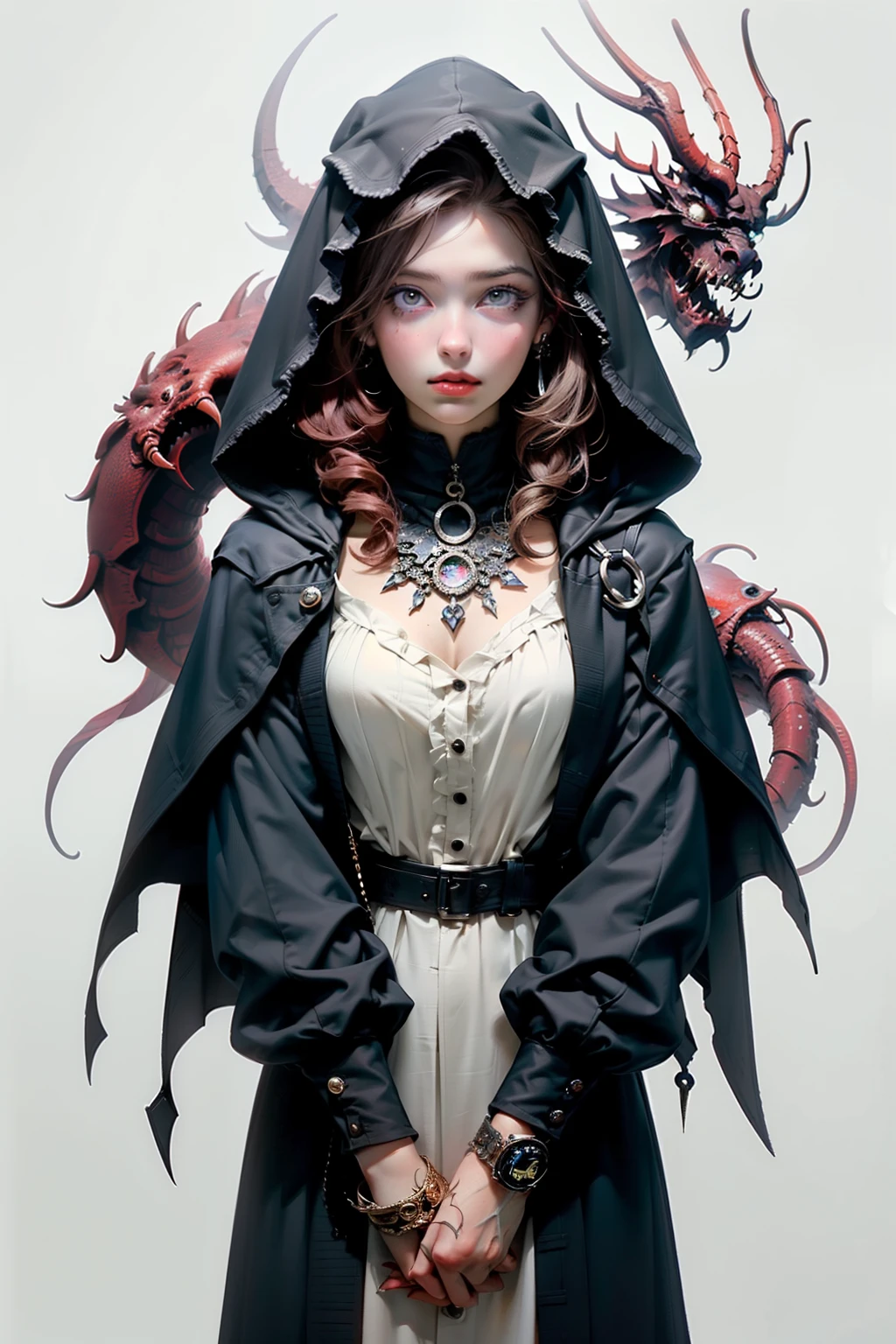 ((best quality)), ((masterpiece)), (detailed), perfect face, hand drawn style, hand painted style, watercolour, sketch, a knight, white background, plain background, Bloodborne inspired, tatty Bloodborne attire, occult aesthetic, occult, tatty red and white clothing detailed and intricate steampunk and detailed gothic lolita (with a hood), diadems, long coat, Complex laced boots, Fluttering lace flared long knee length dress with frilly petticoats, long dress, knee length dress, pleated petticoats, lolita dress, petticoats gothic lolita, beautiful small breasts, (((( Highly detailed face))), small thin nose, Small thin lips mouth, (((Very sharp focused eyes))), Very large slit precision pale grey eyes that shine like jewels. very long eyelashes, Silver hair swaying in the wind, Emitting a dazzling light in a mandala pattern, white background, Very dramatic and cinematic lighting, tatty damaged old red and white clothing, full body, whole body, body, cosmic horror, grim dark