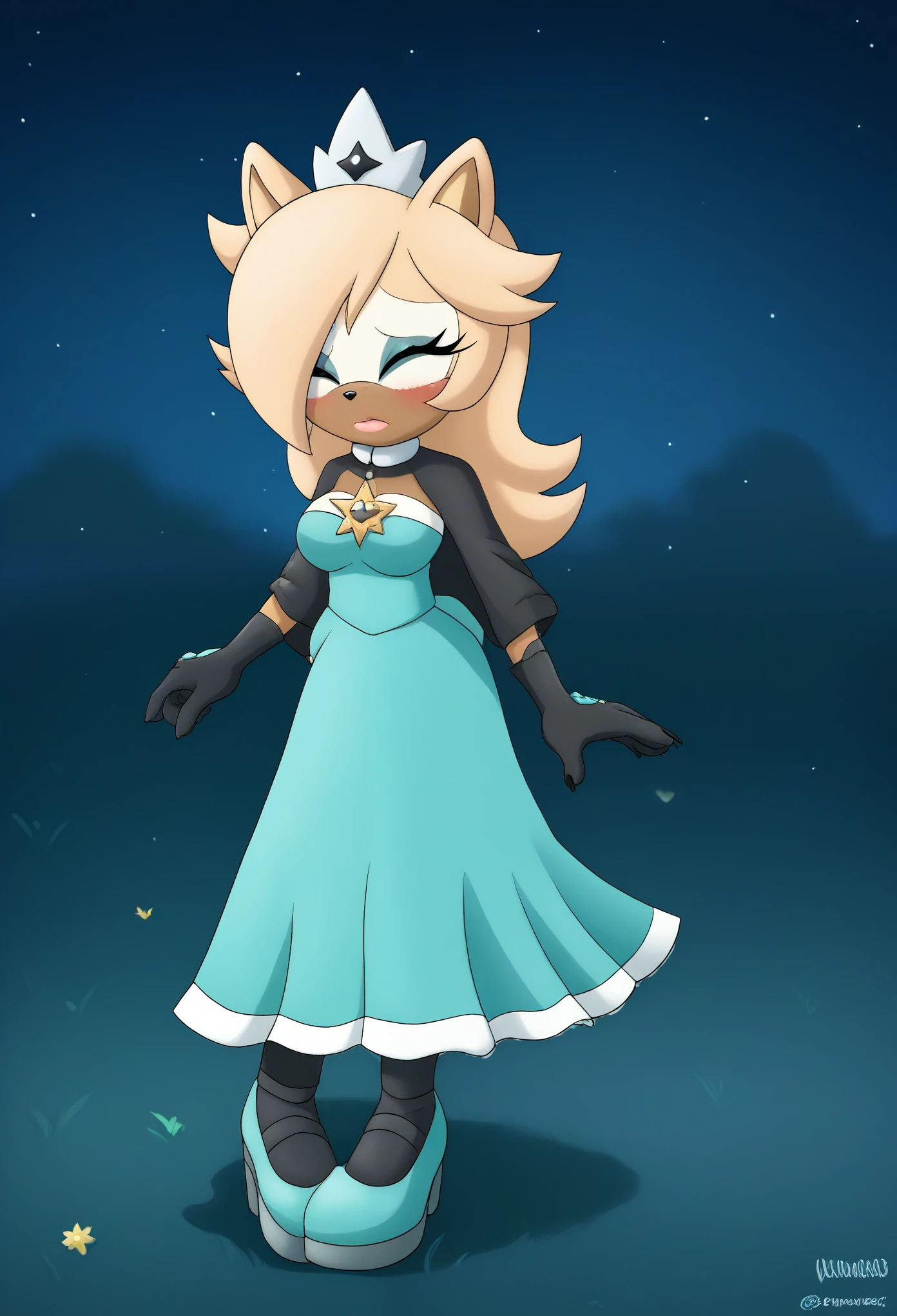 Female wolf, 1girl, solo, Whisper the Wolf, closed eyes, (hair down), long wavy hair, hair down, body, medium breasts, eyelashes, makeup, light on the lipstick, embarrassed, outside, dressed as Rosalina, Princess Rosalina dress, cosplay, teal/aqua colored dress, Rosalina attire, field/forest, nighttime, stars in the night sky, mobian
