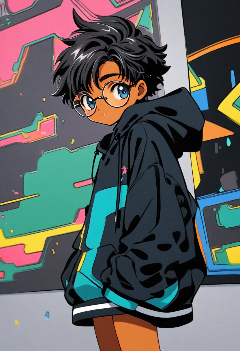 cute 12-years-old brazilian kid boy, long wavy black hair, brown skin, black hoodie, glasses, CLAMP art style