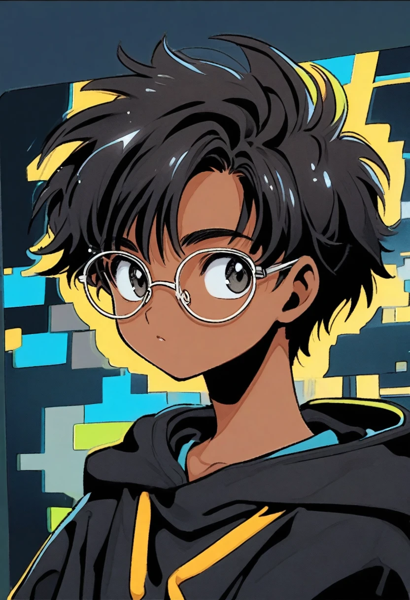 cute 12-years-old brazilian kid boy, long wavy black hair, brown skin, black hoodie, glasses, CLAMP art style