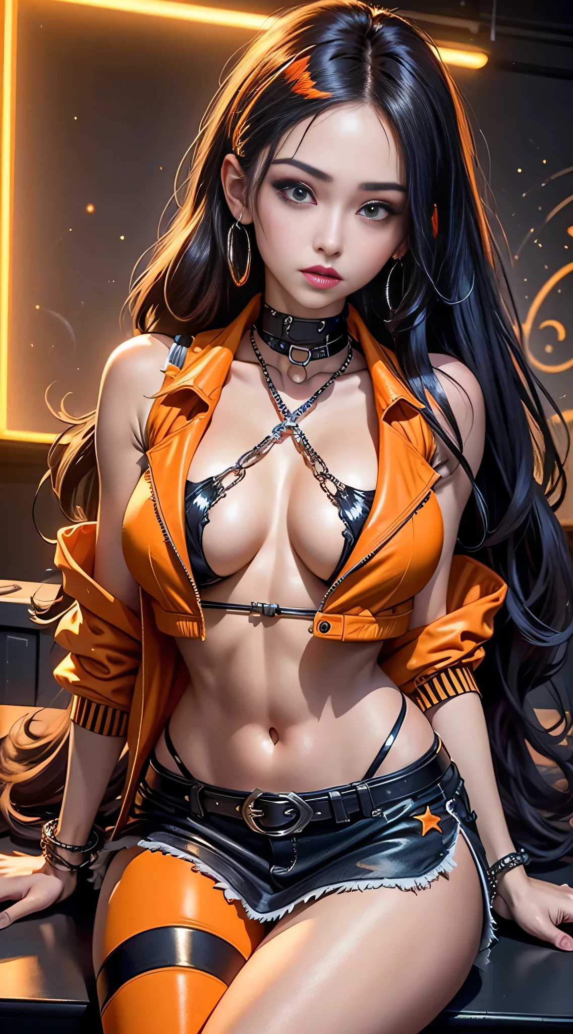 sfw, 8K, ultra hd, masterpiece, hd colors, 1 girl, perfect face, very long curly hair, detailed eyes, rockstar outfit, ((orange jacket)), ((thin vest)), short mini skirt, belt:1.5, stocking, ((criss-cross strips)), ((neon chain)), stars, bare shoulder, bare stomach, jwellery, Realistic club, lighting stage, (spot light:1.5), night club, decorated stage, bulbs, (colorful light:1.5), bloom lighting, foggy effect, sitting、 wearing bra,((skinny waist)), young asian girl, ((big breasted)),