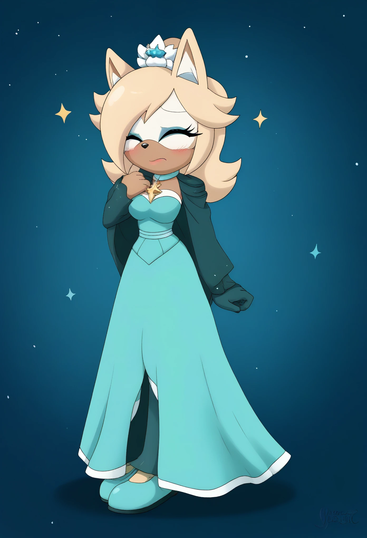 Female wolf, 1girl, solo, Whisper the Wolf, closed eyes, (hair down), long wavy hair, hair down, body, medium breasts, eyelashes, makeup, light on the lipstick, embarrassed, outside, dressed as Rosalina, Princess Rosalina dress, cosplay, teal/aqua colored dress, Rosalina attire, field/forest, nighttime, stars in the night sky, mobian
