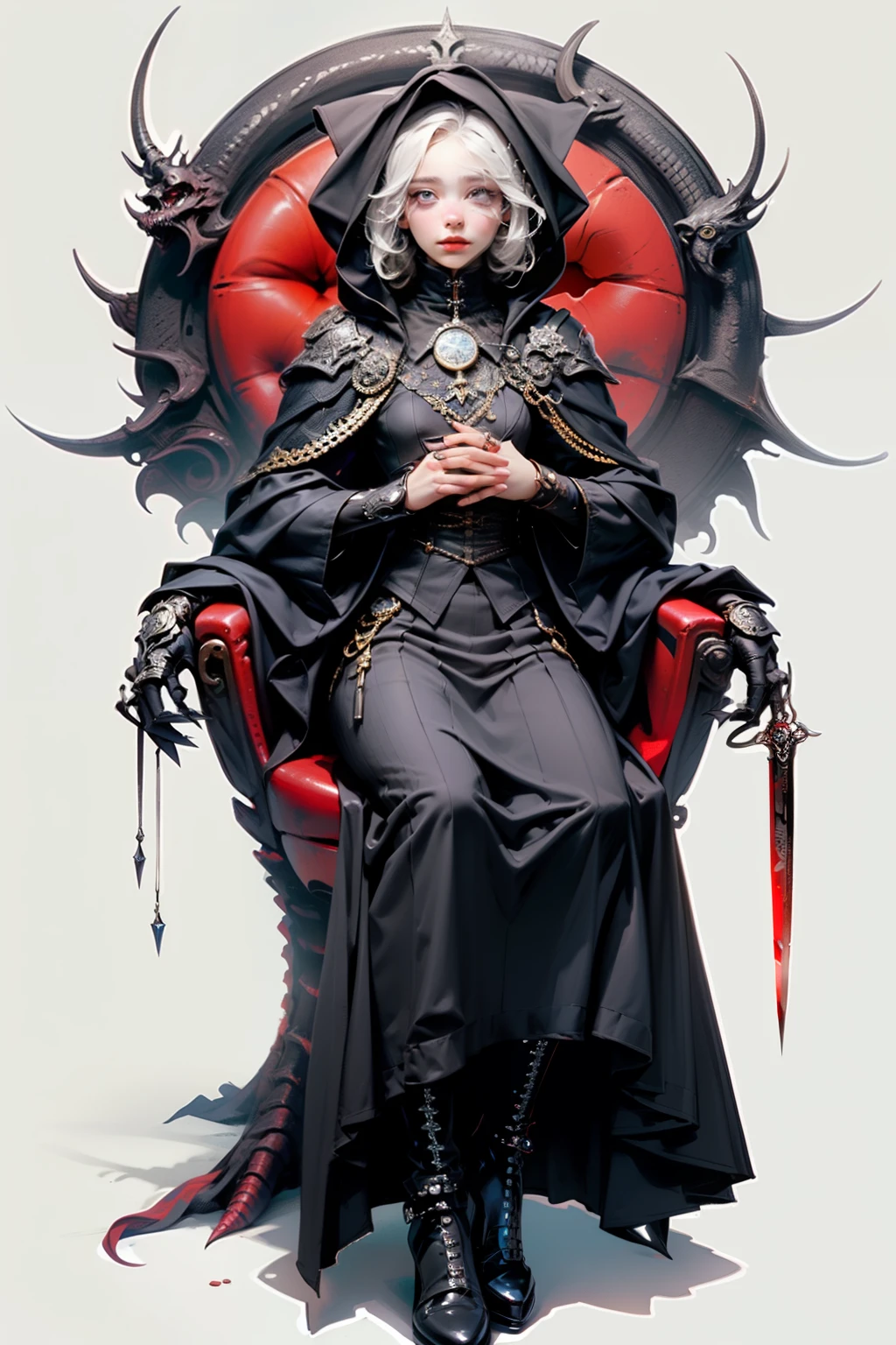 ((best quality)), ((masterpiece)), (detailed), perfect face, hand drawn style, hand painted style, watercolour, sketch, a knight, white background, plain background, Bloodborne inspired, tatty Bloodborne attire, occult aesthetic, occult, tatty red and white clothing detailed and intricate steampunk and detailed gothic lolita (with a hood), diadems, long coat, Complex laced boots, Fluttering lace flared long knee length dress with frilly petticoats, long dress, knee length dress, pleated petticoats, lolita dress, petticoats gothic lolita, beautiful small breasts, (((( Highly detailed face))), small thin nose, Small thin lips mouth, (((Very sharp focused eyes))), Very large slit precision pale grey eyes that shine like jewels. very long eyelashes, Silver hair swaying in the wind, Emitting a dazzling light in a mandala pattern, white background, Very dramatic and cinematic lighting, tatty damaged old red and white clothing, full body, whole body, body, cosmic horror, grim dark