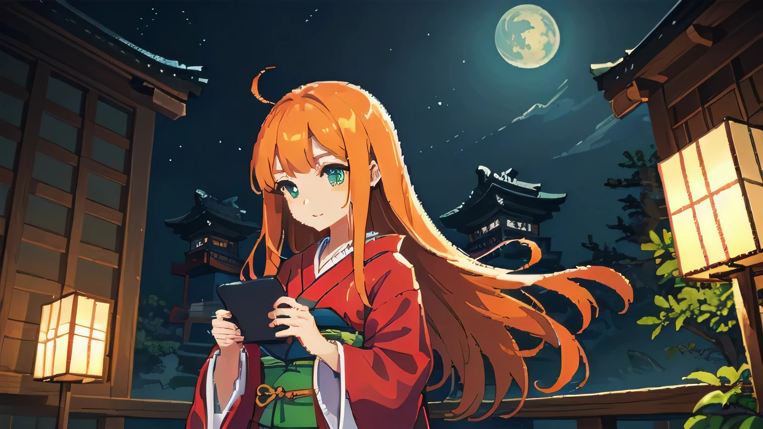 Pixel art,(((masterpiece,highest quality,pixel,Pixel Art))),1 Female, girl , alone, teenager,Orange Hair,Long Hair,(Japanese style:1.4),(Healing),night