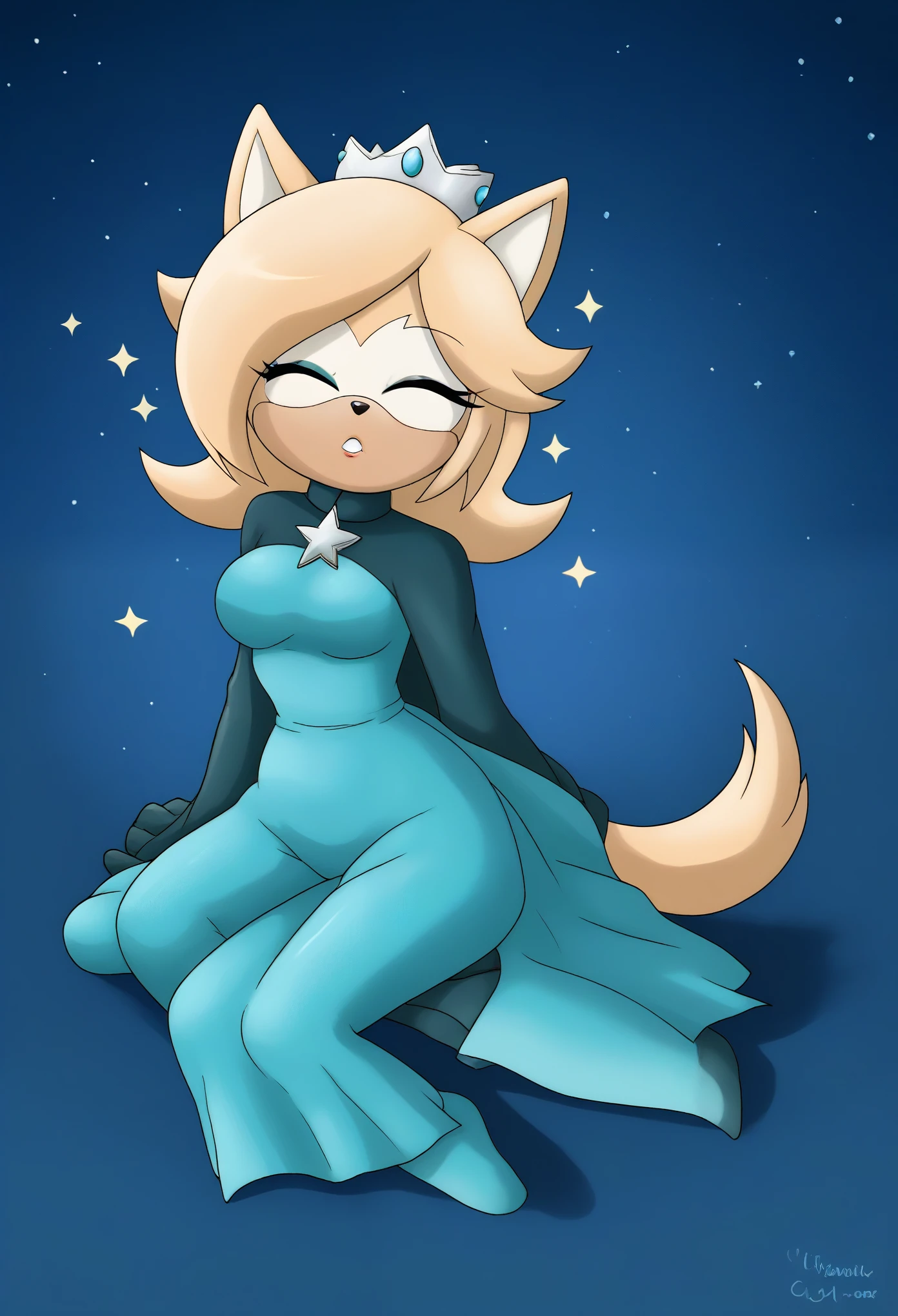 Female wolf, 1girl, solo, Whisper the Wolf, closed eyes, (hair down), long wavy hair, hair down, body, medium breasts, eyelashes, makeup, light on the lipstick, looking at the stars, outside, dressed as Rosalina, Princess Rosalina dress, cosplay, teal/aqua colored dress, Rosalina attire, field/forest, nighttime, stars in the night sky, mobian, sitting, on the ground, amazed by the stars