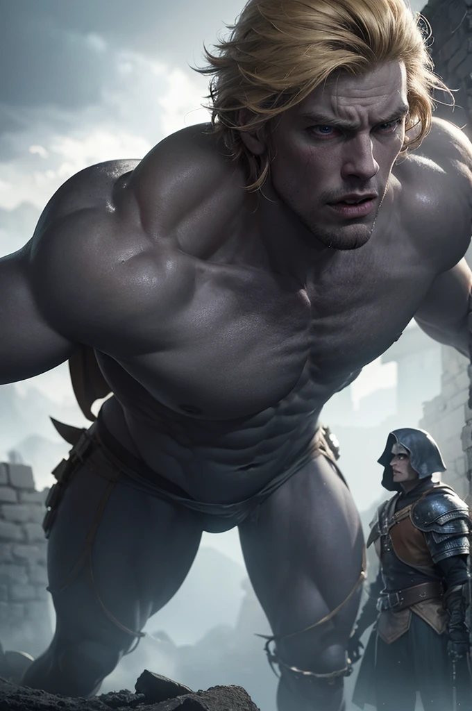 a muscular man in a furry loincloth, blonde hair,blue eyes, He-Man, dramatic lighting, ruins of a castle, Skeletor's minions, damsel in distress, fantasy, epic battle, dark moody colors, dramatic shadows, high contrast, cinematic composition, grandiose, (best quality,8k,highres,masterpiece:1.2),ultra-detailed,(realistic,photorealistic,photo-realistic:1.37),dramatic lighting,cinematic,concept art