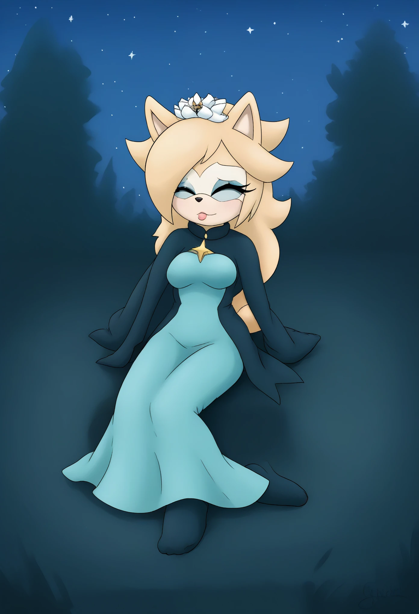 Female wolf, 1girl, solo, Whisper the Wolf, closed eyes, (hair down), long wavy hair, hair down, body, medium breasts, eyelashes, makeup, light on the lipstick, looking at the stars, outside, dressed as Rosalina, Princess Rosalina dress, cosplay, teal/aqua colored dress, Rosalina attire, field/forest, nighttime, stars in the night sky, mobian, sitting, on the ground, amazed by the stars