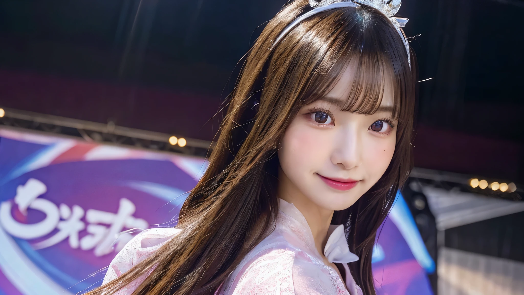 (perfect anatomy:1.2)(absurdres, highres, ultra detailed),masterpiece,best quality,high resolution,8k,Realistic face,Realistic skin texture,magnified textures, 16 years old,stunning clarity,sera fuku,idol costume,singing in the stage,big beautiful breasts,slender body,cleverage,zettai ryoiki,look at viewer,smile
