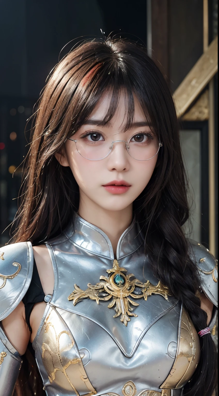 "(highest quality: 1.2), masterpiece, extremely detailed 8k uhd, ((Official Art)), CG, background(Black Night Sky,Big Moon),Close-up of a woman,Wearing a white shirt、Purple Hair,Very long hair,very thick braids,Purple eyes,big , realistic girl rendering, 8k artistic german bokeh, Enchanting girl, Real Girl, Gurwitz, Gurwitz-style artwork, Girl Roleplay, Realistic 3D style, cgstation Popular Topics,, 8K Portrait Rendering,(truth,truth:1.4),Wear pink pajamas,巨big ,Sparkling eyes,Purple eyes 、1 Ultra-Detailed Goddess of War, A temple in the ruins of a ruined empire々Standing Up Together, (Dynamic posture: 1.3), Dense armor reveals the heart of the conflict, (Finer details), shine, Places with strong light, (armor of historical importance:1.2), Shine Metal Armor, ((((Glasses))))、(Shine magic symbol on armor:1.3), (There was magic all around her.:1.3), Long black hair waving in the wind in every detail, Detailed Weapon Holding, (Sharp Sword, Shine:1.3), Shine eyes filled with determination and vision, ((Silver Armor)), Ultra-detailed shield with a symbol of steadfastness, (intense expression:1.1), (After her, A new empire is soaring into the sky: 1.4), (Light is、Emphasize her domination and rebirth behind the scenes:1.4), (Fiery red flags fluttered:1.1), (The wind carries whispers of a new beginning:1.1), (wisdom and rebirth:1.2), (Strong stance:1.2), (Overwhelming Mystical Power:1.2), alone, (Shine sweat:1.1), Gem Armor, (Silver and gold contrast:1.3), (The overall red color covers the scenery:1.4)"