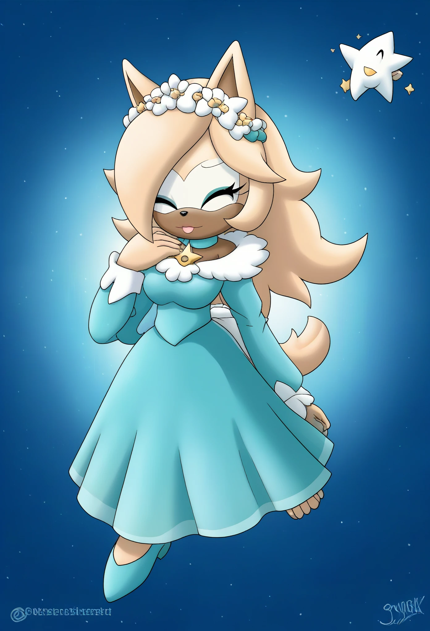 Female wolf, 1girl, solo, Whisper the Wolf, closed eyes, (hair down), long wavy hair, hair down, body, large breasts, eyelashes, makeup, light on the lipstick, dressed as Rosalina, Princess Rosalina dress, cosplay, teal/aqua colored dress, Rosalina attire, nighttime, stars, space, mobian