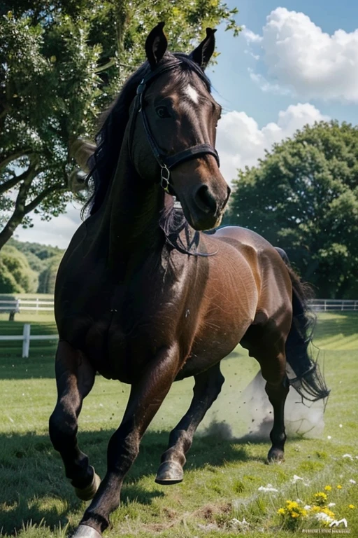 "Create a high-resolution image of a majestic black horse running through a lush green field. Surround it with other horses of various colors, all galloping in unison. The scene should be dynamic and vibrant, capturing the energy and freedom of the horses. Ensure the background features a clear blue sky with a few fluffy white clouds to enhance the natural beauty of the setting."
