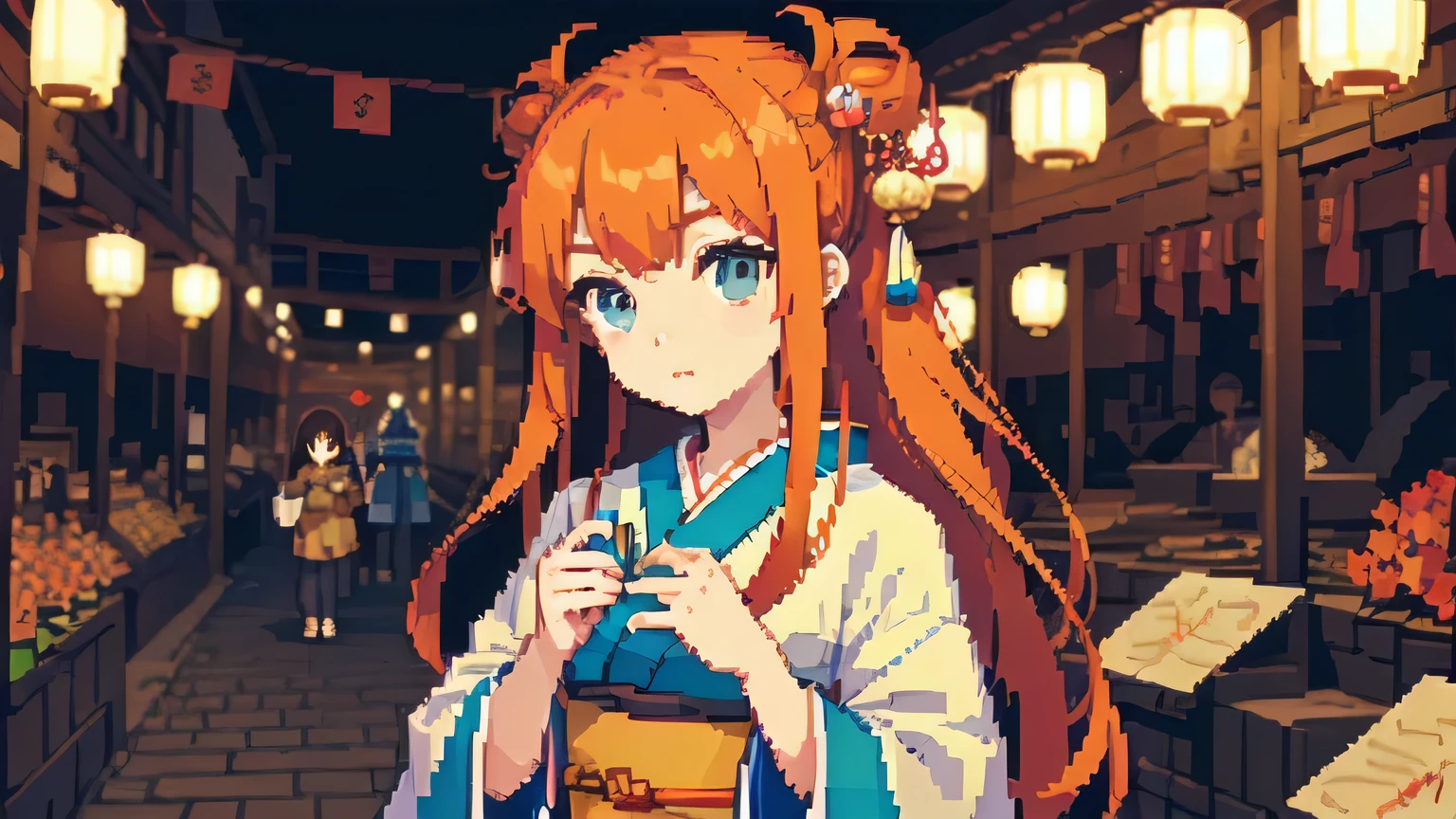 Pixel art,(((masterpiece,highest quality,pixel,Pixel Art))),1 Female, girl , alone, teenager,Orange Hair,Long Hair,(Japanese style:1.4),(Healing),night