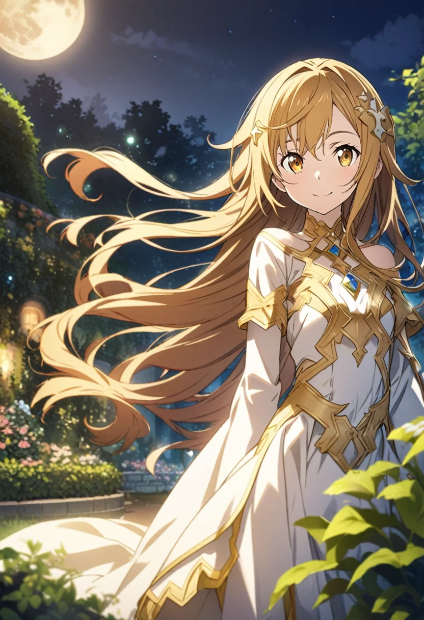 Yuuki \(Sword Art Online\), (long gold hair), (golden eyes):1.2, angel costume, bangs, smiling gently, moon hair ornament, ((ultra-detailed)), ((illustration)), (flowing hair)), (beautiful detailed eyes), female, 1girl, ((garden, night, moon)), looking at viewer