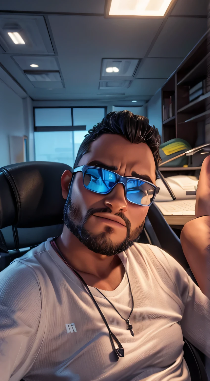 Crie um avatar 3D com esse rosto, realista, inside an office room holding a notebook