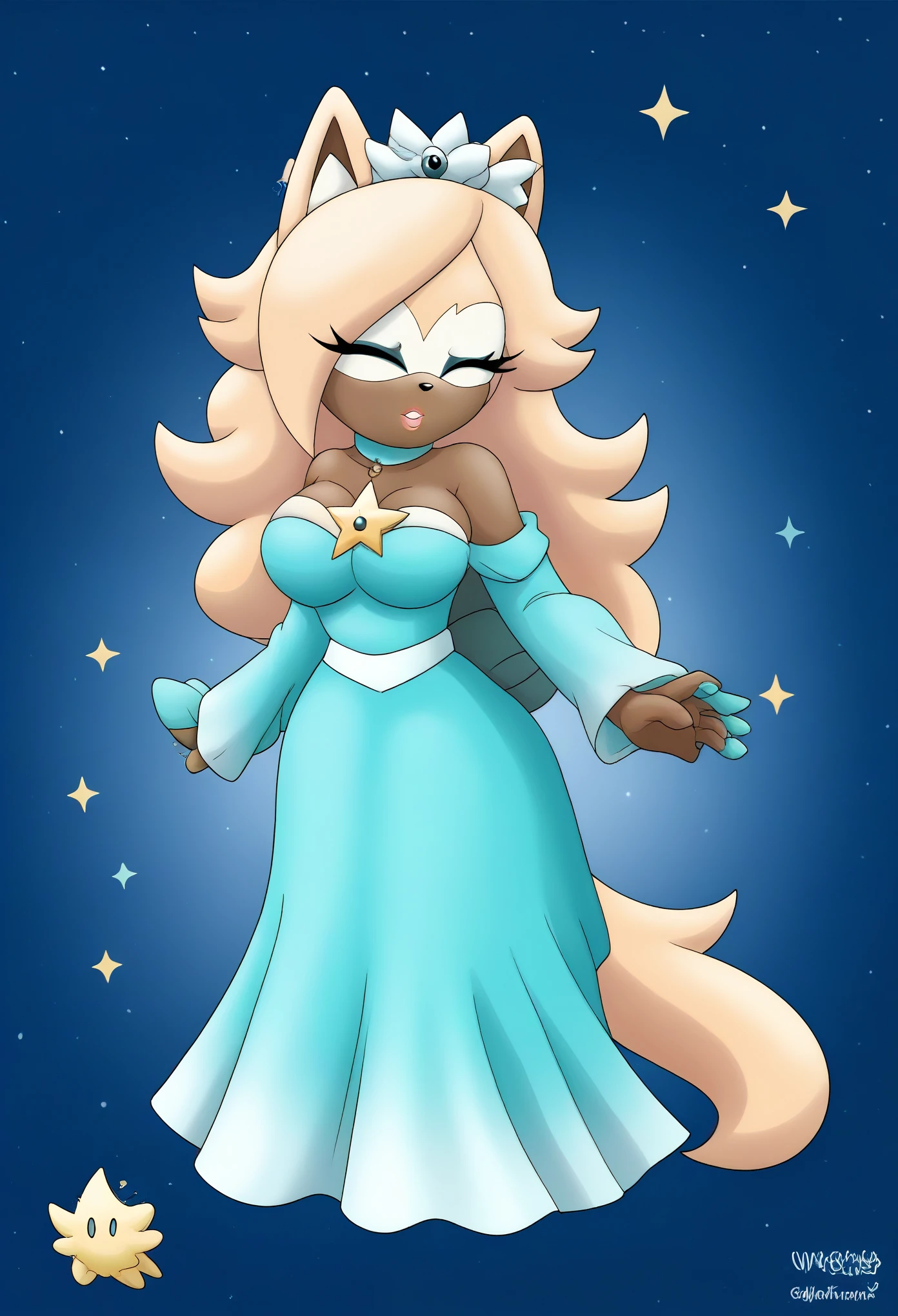 Female wolf, 1girl, solo, Whisper the Wolf, closed eyes, (hair down), long wavy hair, hair down, body, large breasts, eyelashes, makeup, light on the lipstick, dressed as Rosalina, Princess Rosalina dress, cosplay, teal/aqua colored dress, Rosalina attire, nighttime, stars, space, mobian