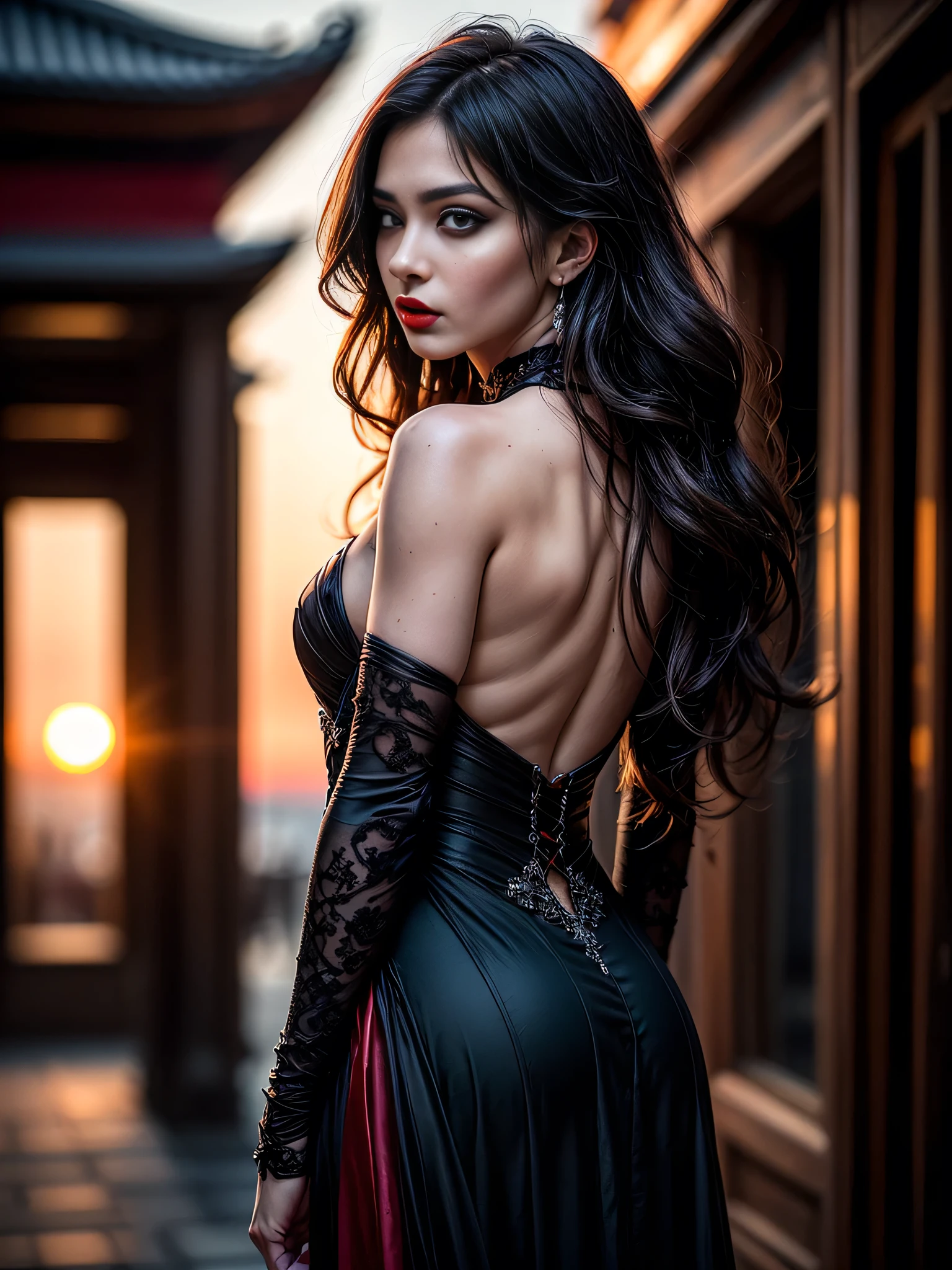 (masterpiece), (extremely intricate:1.3), (realistic), portrait of a muscular girl, ((((detailed woman, ((blackout gothic eye makeup, red lips, strong square cleft chin, arrogant, [flat chest:medium breasts:0.8]), piercing greeneyes, long wavy [blonde hair:dark hair:0.2], scarlet red silver chinoiserie evening gown, rear view, from behind)))), freckles:1.0, professional lighting, photon mapping, radiosity, physically based rendering, ultra resolution, hyper-realistic), metal reflections, upper body, outdoors, intense sunlight, far away castle, professional photograph of a stunning woman detailed, sharp focus, dramatic, award winning, cinematic lighting, volumetrics dtx, (film grain, blurry background, blurry foreground, bokeh, depth of field, sunset, interaction, photorealistic:1.4), 8K