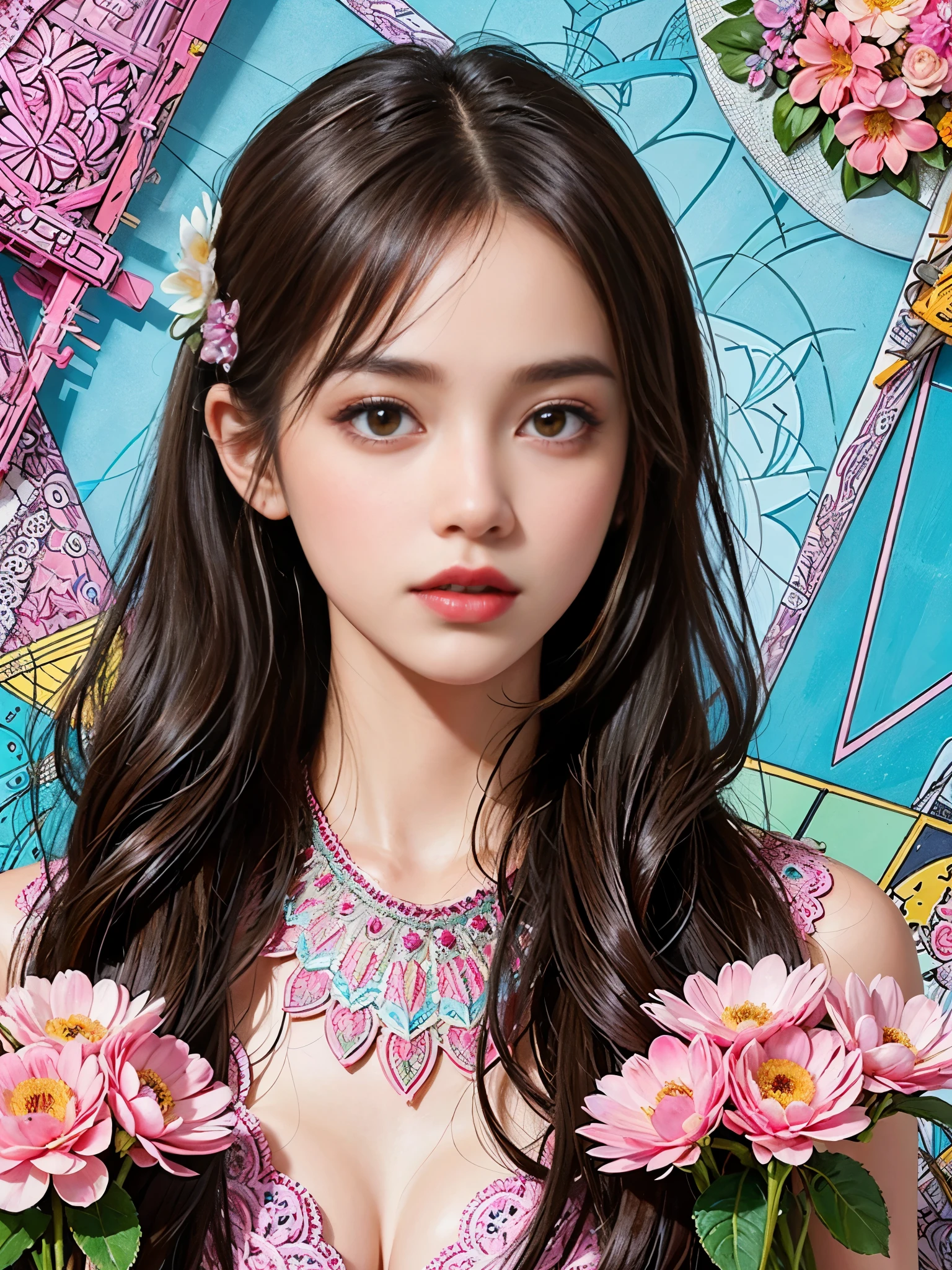 (ultra-detailed background, detailed background), confused, High resolution, Super detailed, very detailed, 1 girl, (bunch of flowers:1.3), (zentangle:1.2), (geometric:1.2),(colorful),pink lipstick,