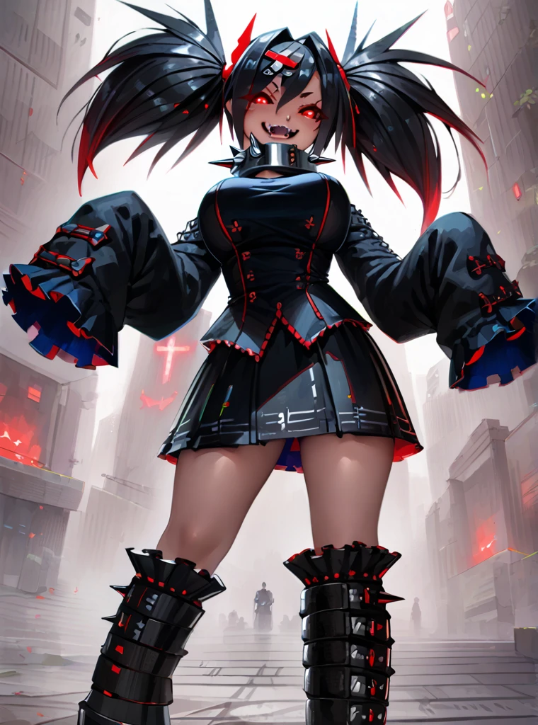 score_9, score_8_up, score_7_up, best quality, masterpiece, uncensored, source_anime
BREAK
dagger (fizrotart), mature female, 1girl, black hair, black skirt,cross hair ornament, fangs, glowing eyes, metal collar, pleasted skirt, outdoors, red eyes, sleeves past fingers, smile, spiked collar, teeth, twintails, two-tone, outstretched hand, reaching towards viewer,big breasts, wearing gothic anime clothes 
