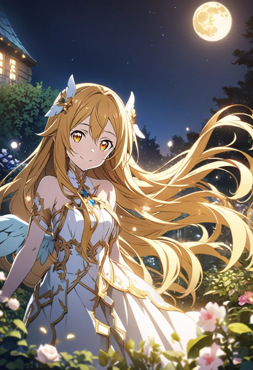 Yuuki \(Sword Art Online\), (bright gold hair), (glowing golden eyes):1.2, angel costume, bangs, smiling gently, moon hair ornament, ((ultra-detailed)), ((illustration)), (flowing hair)), (beautiful detailed eyes), female, 1girl, ((garden, night, moon)), looking at viewer