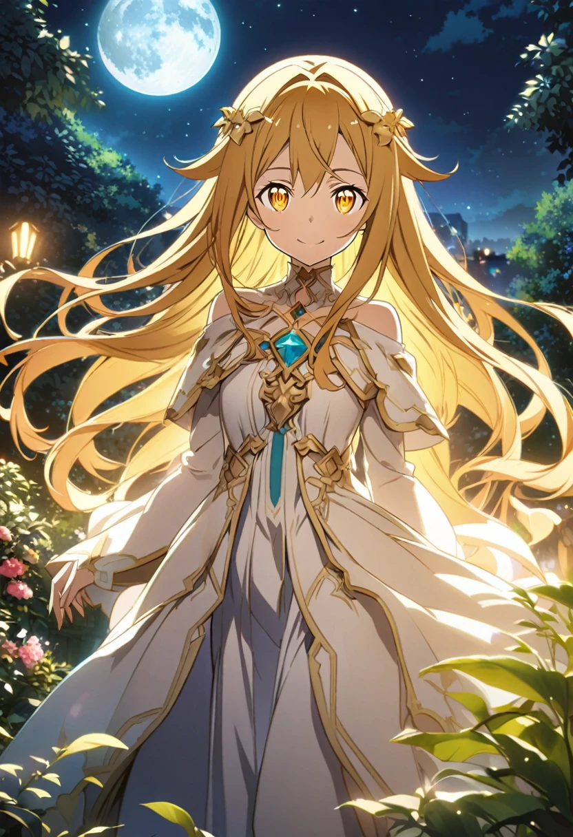 Yuuki \(Sword Art Online\), (bright gold hair), (glowing golden eyes):1.2, angel costume, bangs, smiling gently, moon hair ornament, ((ultra-detailed)), ((illustration)), (flowing hair)), (beautiful detailed eyes), female, 1girl, ((garden, night, moon)), looking at viewer