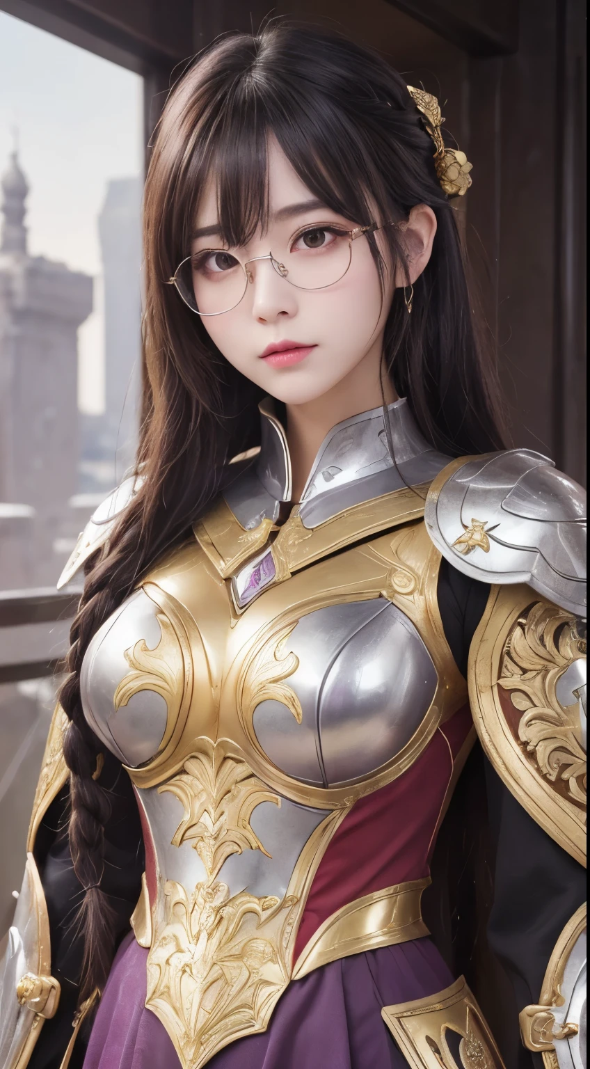 "(highest quality: 1.2), masterpiece, extremely detailed 8k uhd, ((Official Art)), CG, background（Black Night Sky，Big Moon），Close-up of a woman，Wearing a white shirt、Purple Hair，Very long hair，very thick braids，Purple eyes，big ， realistic girl rendering, 8k artistic german bokeh, Enchanting girl, Real Girl, Gurwitz, Gurwitz-style artwork, Girl Roleplay, Realistic 3D style, cgstation Popular Topics,, 8K Portrait Rendering,（truth，truth：1.4），Wear pink pajamas，巨big ，Sparkling eyes，Purple eyes 、1 Ultra-Detailed Goddess of War, A temple in the ruins of a ruined empire々Standing Up Together, (Dynamic posture: 1.3), Dense armor reveals the heart of the conflict, (Finer details), shine, Places with strong light, (armor of historical importance:1.2), Shine Metal Armor, ((((Glasses))))、(Shine magic symbol on armor:1.3), (There was magic all around her.:1.3), Long black hair waving in the wind in every detail, Detailed Weapon Holding, (Sharp Sword, Shine:1.3), Shine eyes filled with determination and vision, ((Silver Armor)), Ultra-detailed shield with a symbol of steadfastness, (intense expression:1.1), (After her, A new empire is soaring into the sky: 1.4), (Light is、Emphasize her domination and rebirth behind the scenes:1.4), (Fiery red flags fluttered:1.1), (The wind carries whispers of a new beginning:1.1), (wisdom and rebirth:1.2), (Strong stance:1.2), (Overwhelming Mystical Power:1.2), alone, (Shine sweat:1.1), Gem Armor, (Silver and gold contrast:1.3), (The overall red color covers the scenery:1.4)"