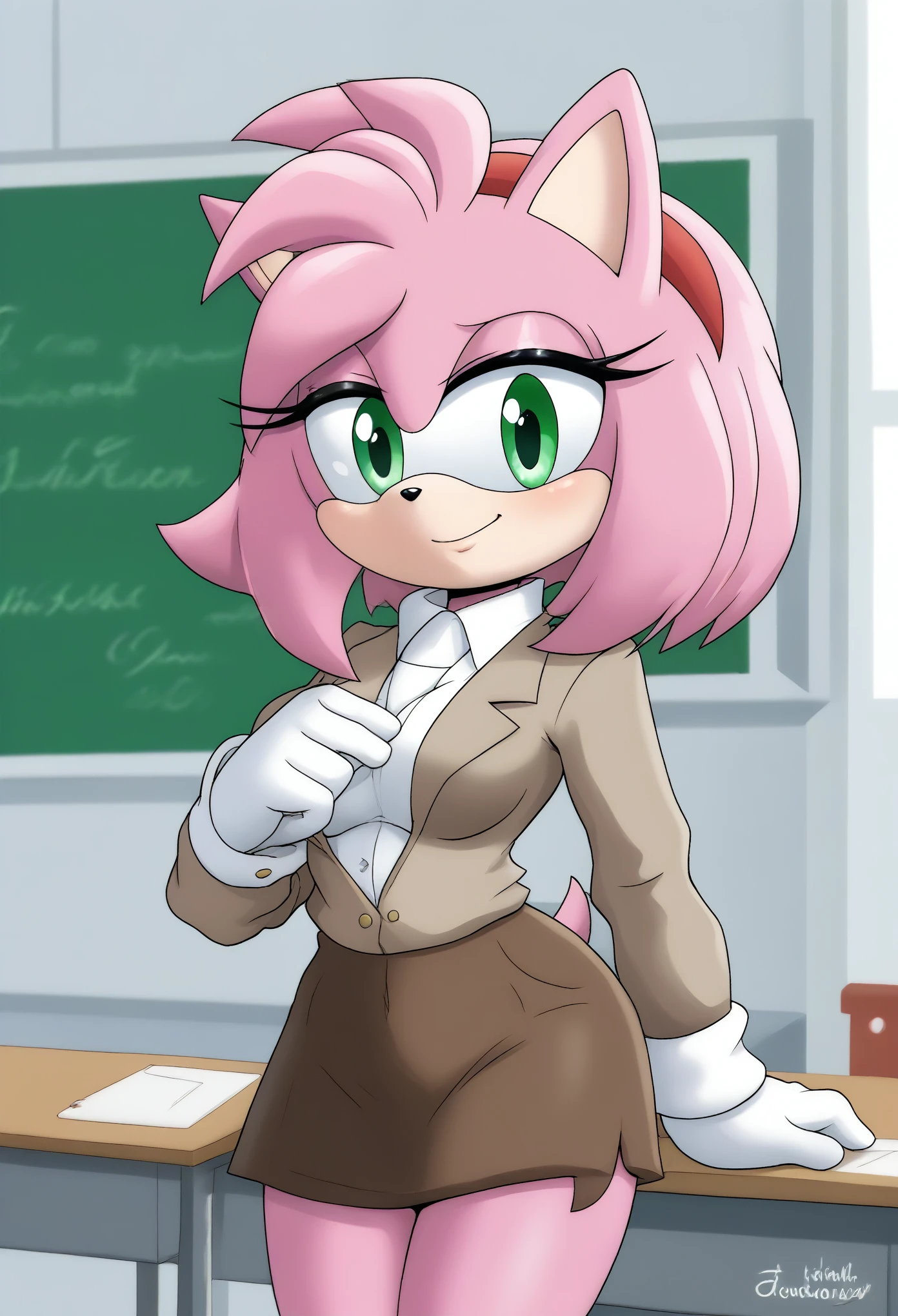 Female Hedgehog, Amy Rose, (1girl), (solo), hair down, long wavy hair/quills, body, medium breasts, eyelashes, cute smile, school house, dressed as a teacher, classroom, daytime, mobian, mobius city