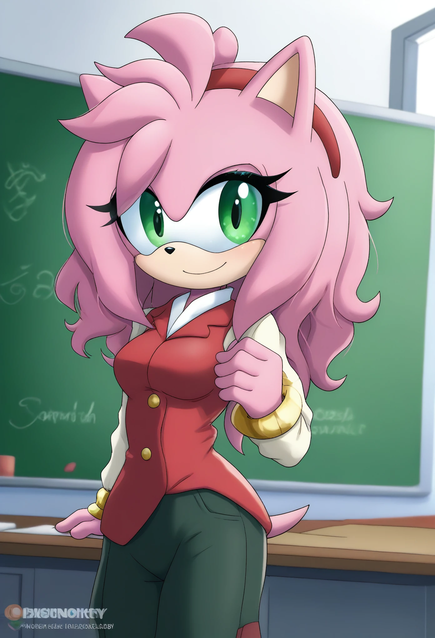 Female Hedgehog, Amy Rose, (1girl), (solo), hair down, long wavy hair/quills, body, medium breasts, eyelashes, cute smile, school house, dressed as a teacher, classroom, daytime, mobian, mobius city
